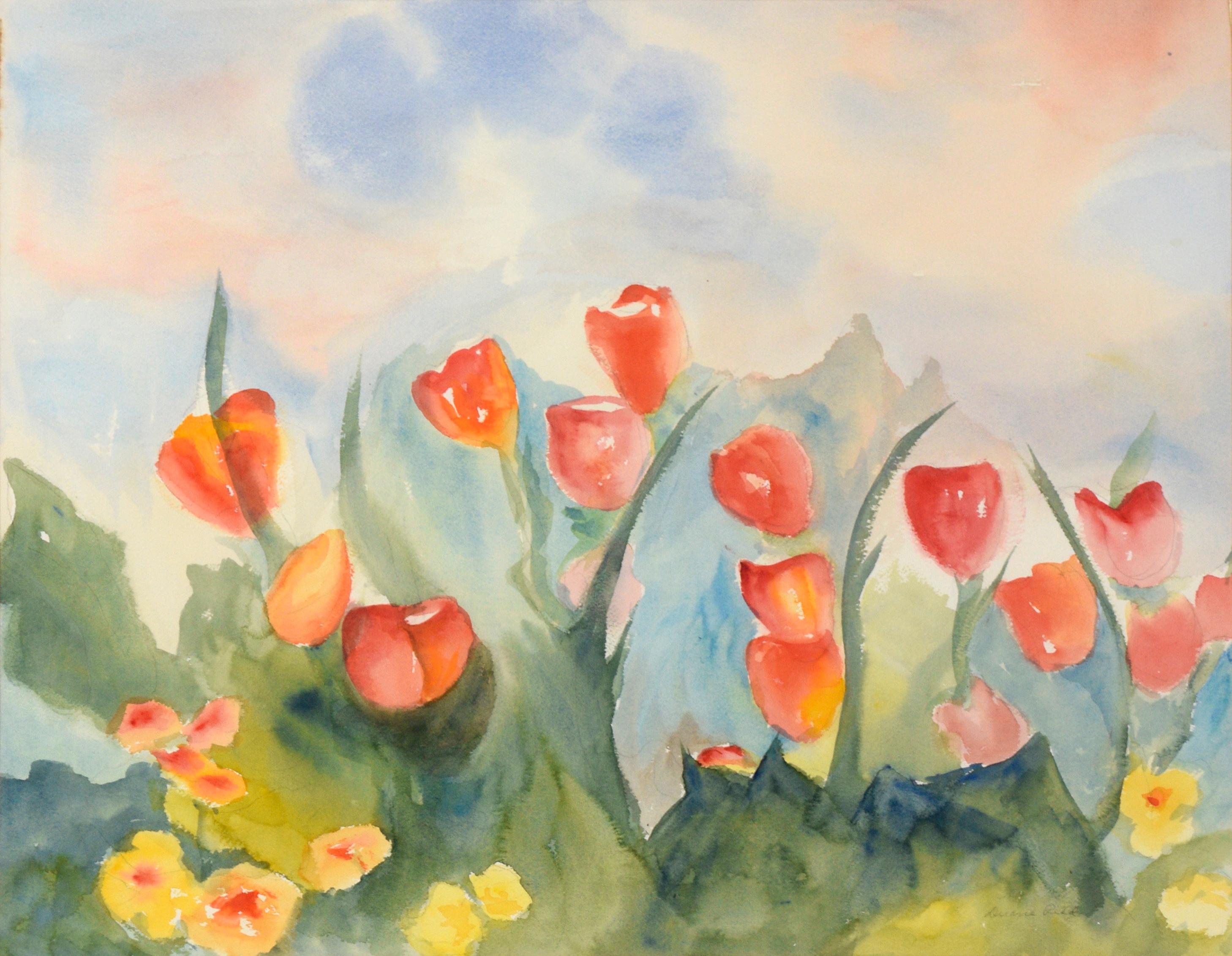 Red Tulips and California Poppies, Landscape - Art by Duane Reid