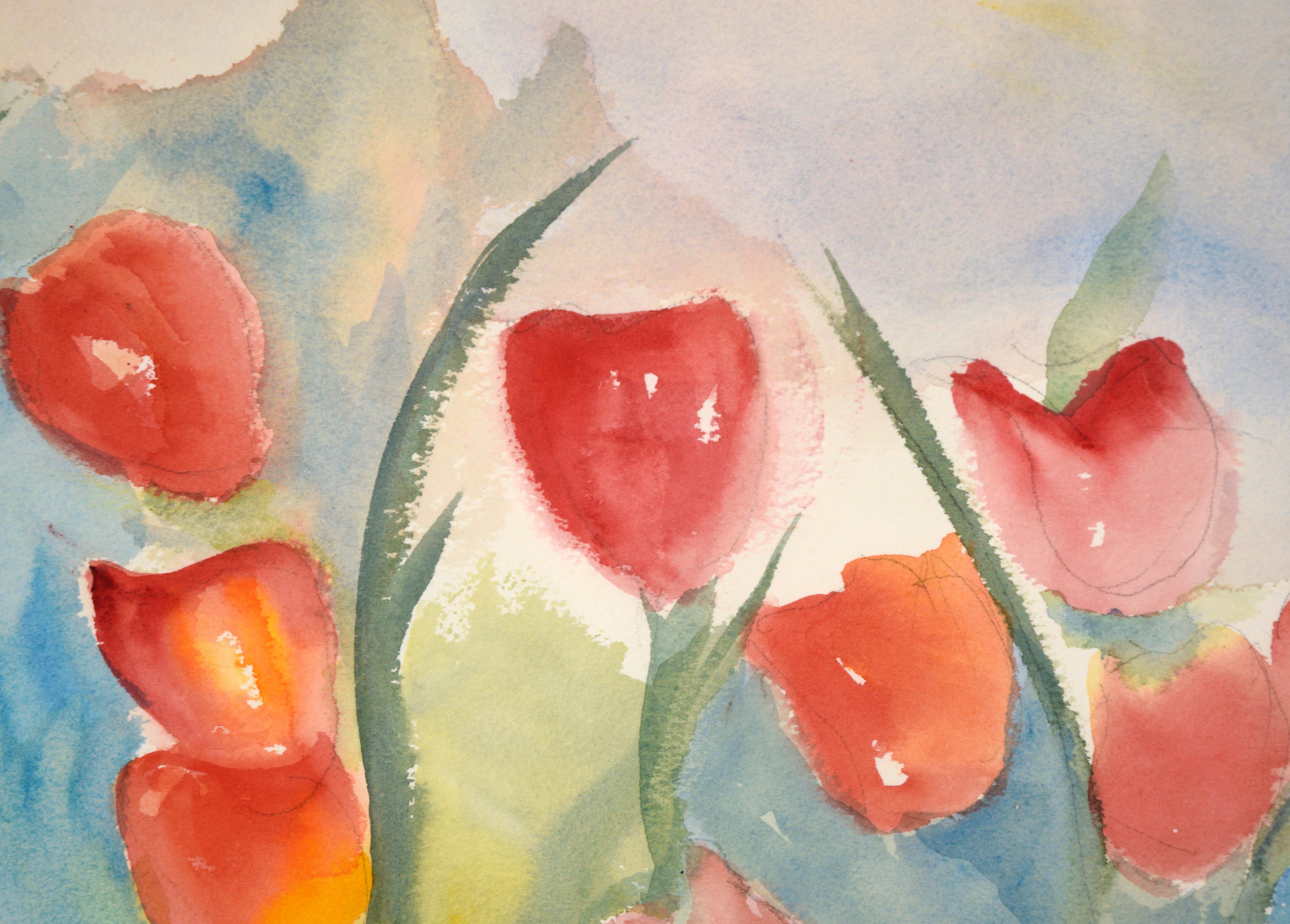 Red Tulips and California Poppies, Landscape - Beige Landscape Art by Duane Reid