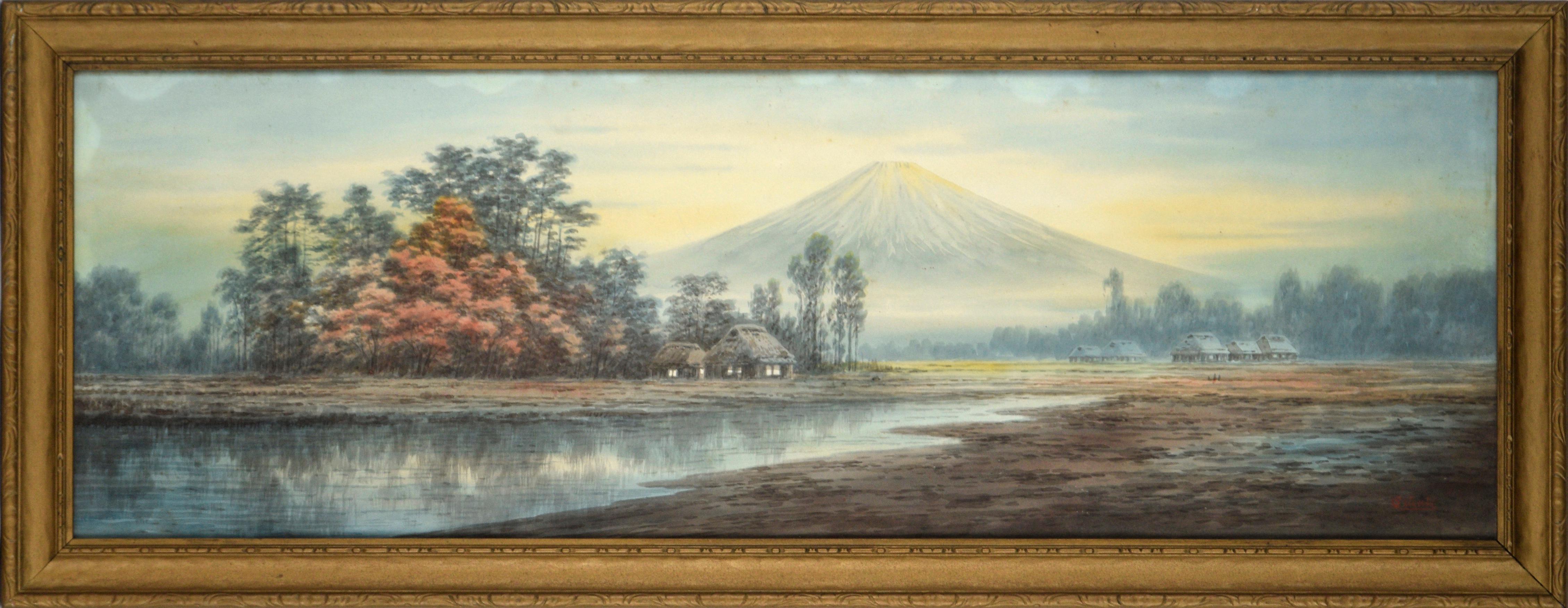 Emiko Satsuta Landscape Art - Sunrise Over Mt. Fuji, Japanese Watercolor Landscape