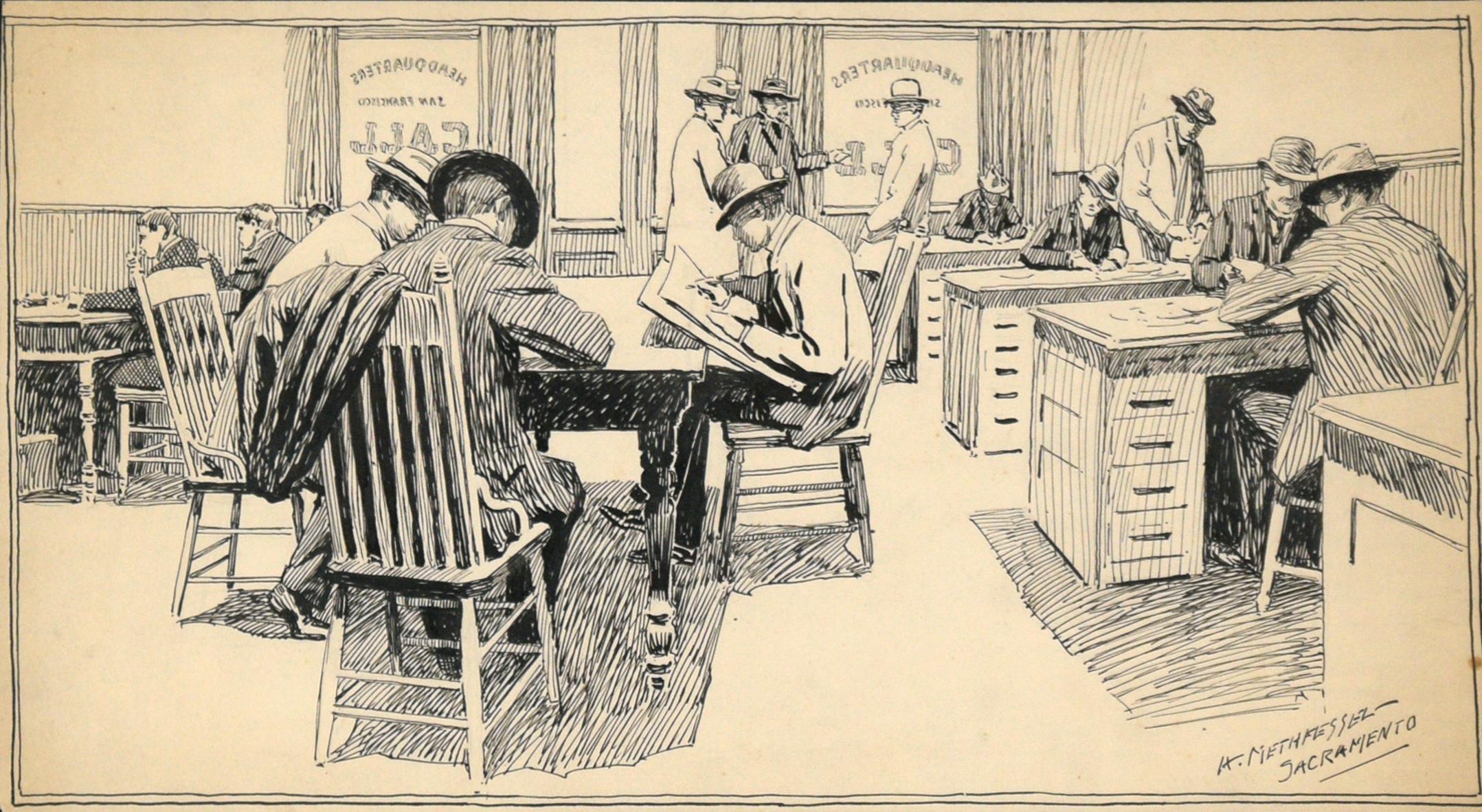 The Illustrator's Workroom at The San Francisco Call (L'atelier d'illustrateur au San Francisco Call), fin du 19e siècle Illustration - Art de Adolph Methfessel