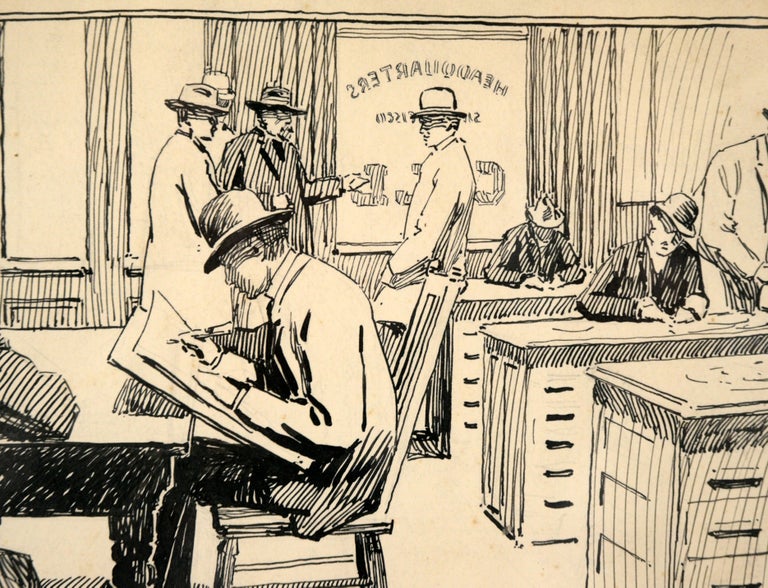 Skillful illustration of illustration Newspaper artists at work at the Republican National Convention by Adolph Methfessel (American, 1876-1912). This piece depicts a group of men working at their desks in an office at the Republican National