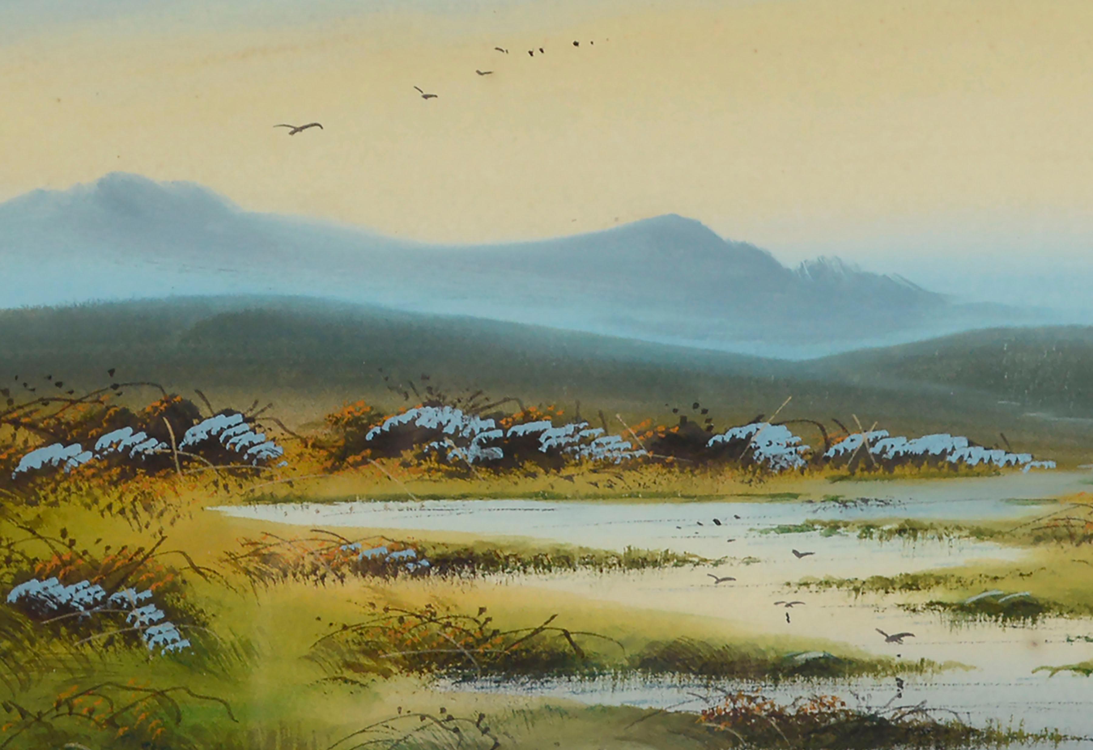 Peaceful Marsh Wetlands, Aquarelllandschaft mit Vögeln, 1920er Jahre  (Amerikanischer Impressionismus), Art, von Unknown