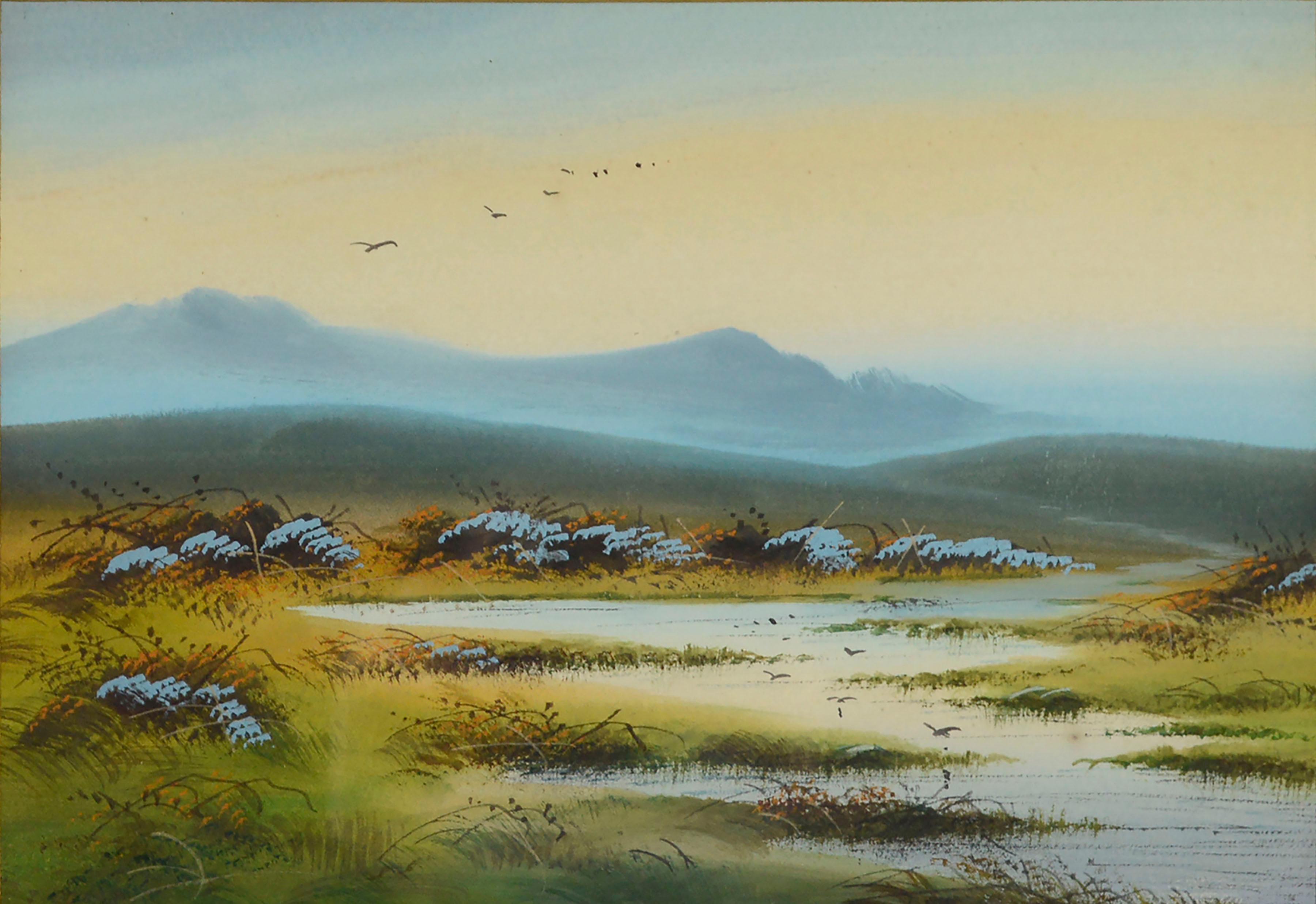 Peaceful Marsh Wetlands, Aquarelllandschaft mit Vögeln, 1920er Jahre  – Art von Unknown