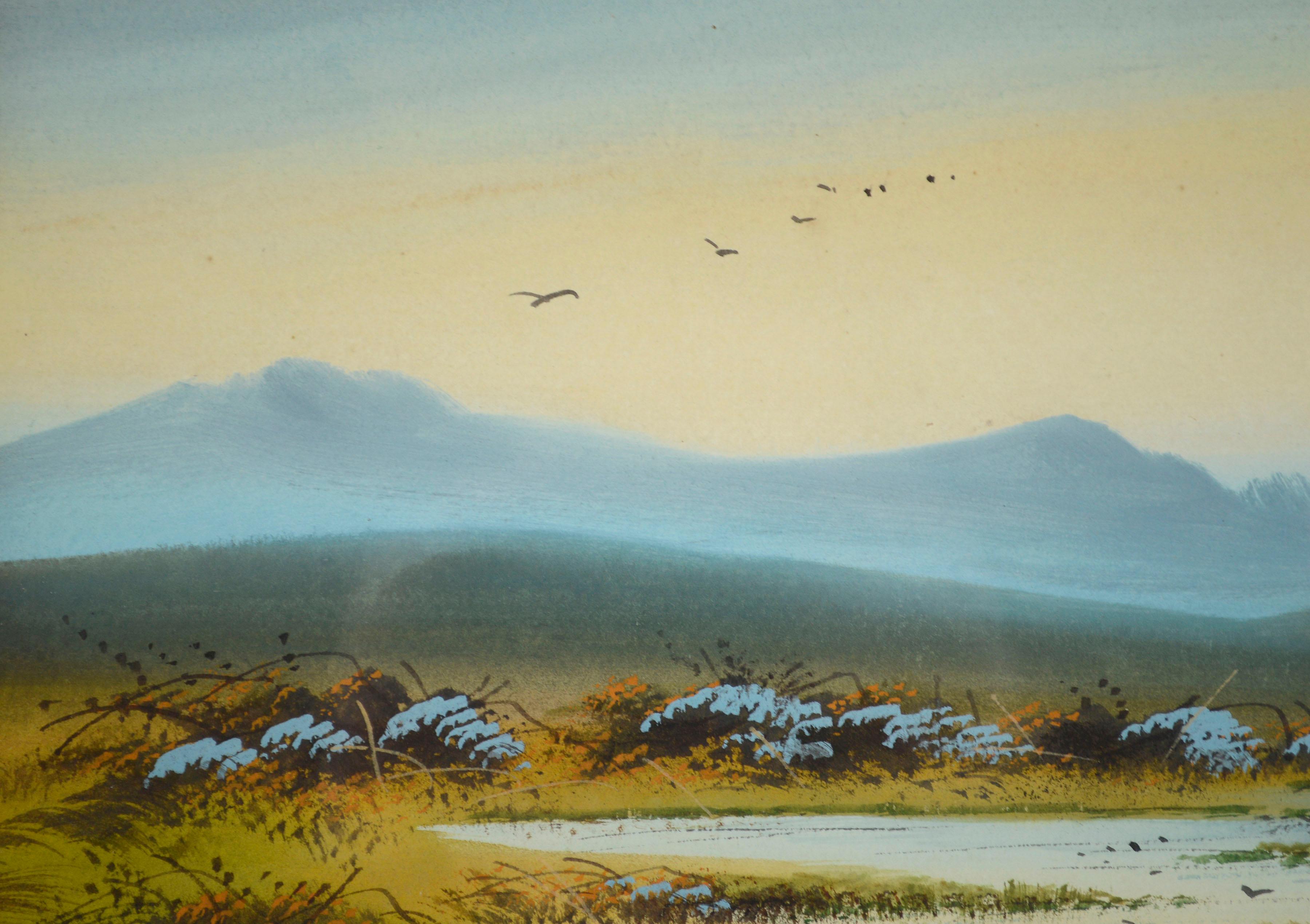 Peaceful Marsh Wetlands, Aquarelllandschaft mit Vögeln, 1920er Jahre  (Braun), Landscape Art, von Unknown