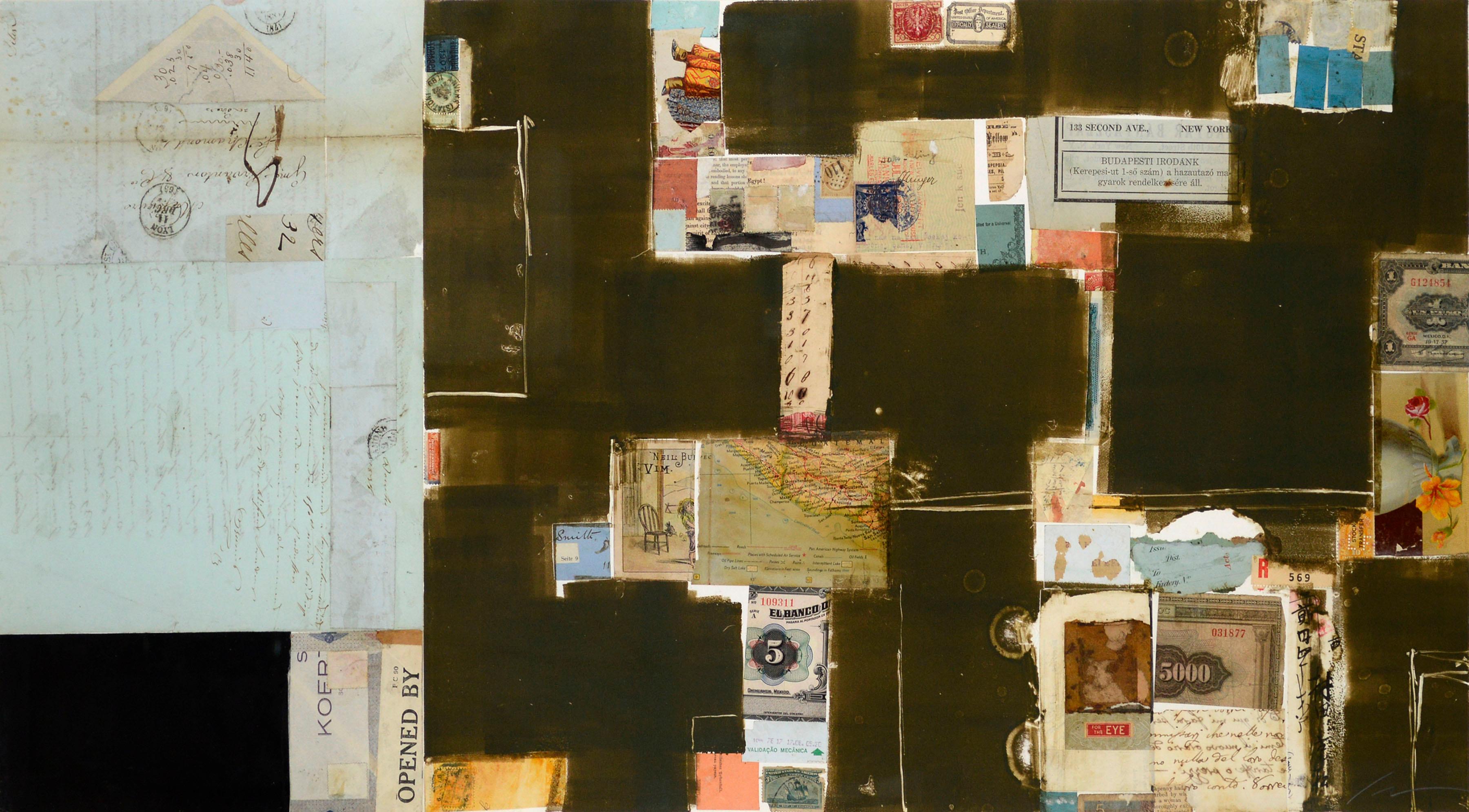 Hellblaues und braunes Chine Colle-Aquarell mit Fundstück-Collage – Art von Michael Pauker 