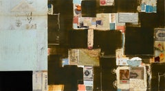 Acquerello Chine Colle azzurro e marrone con collage di oggetti trovati