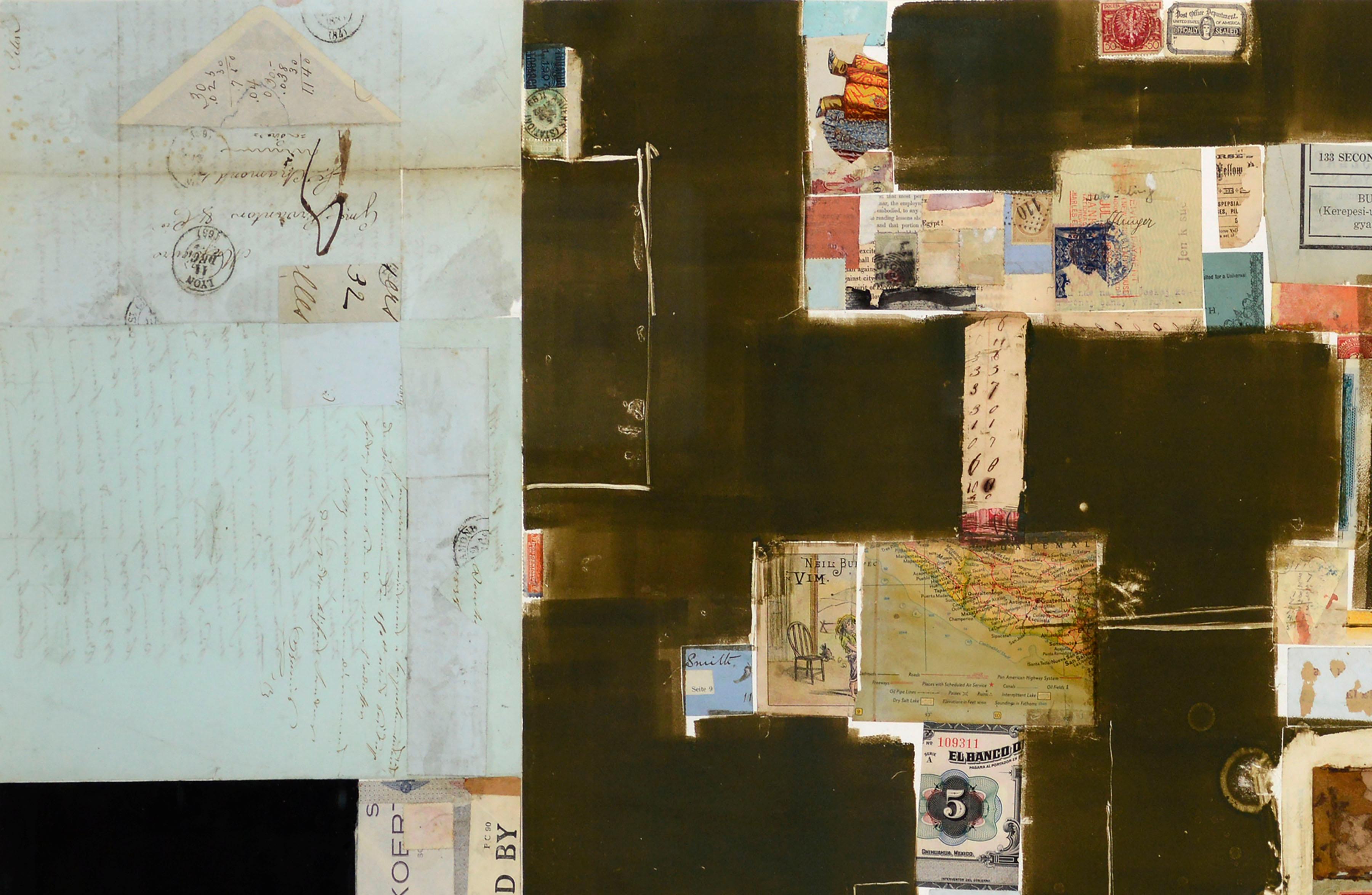 Hellblaues und braunes Chine Colle-Aquarell mit Fundstück-Collage (Abstrakter Expressionismus), Art, von Michael Pauker 