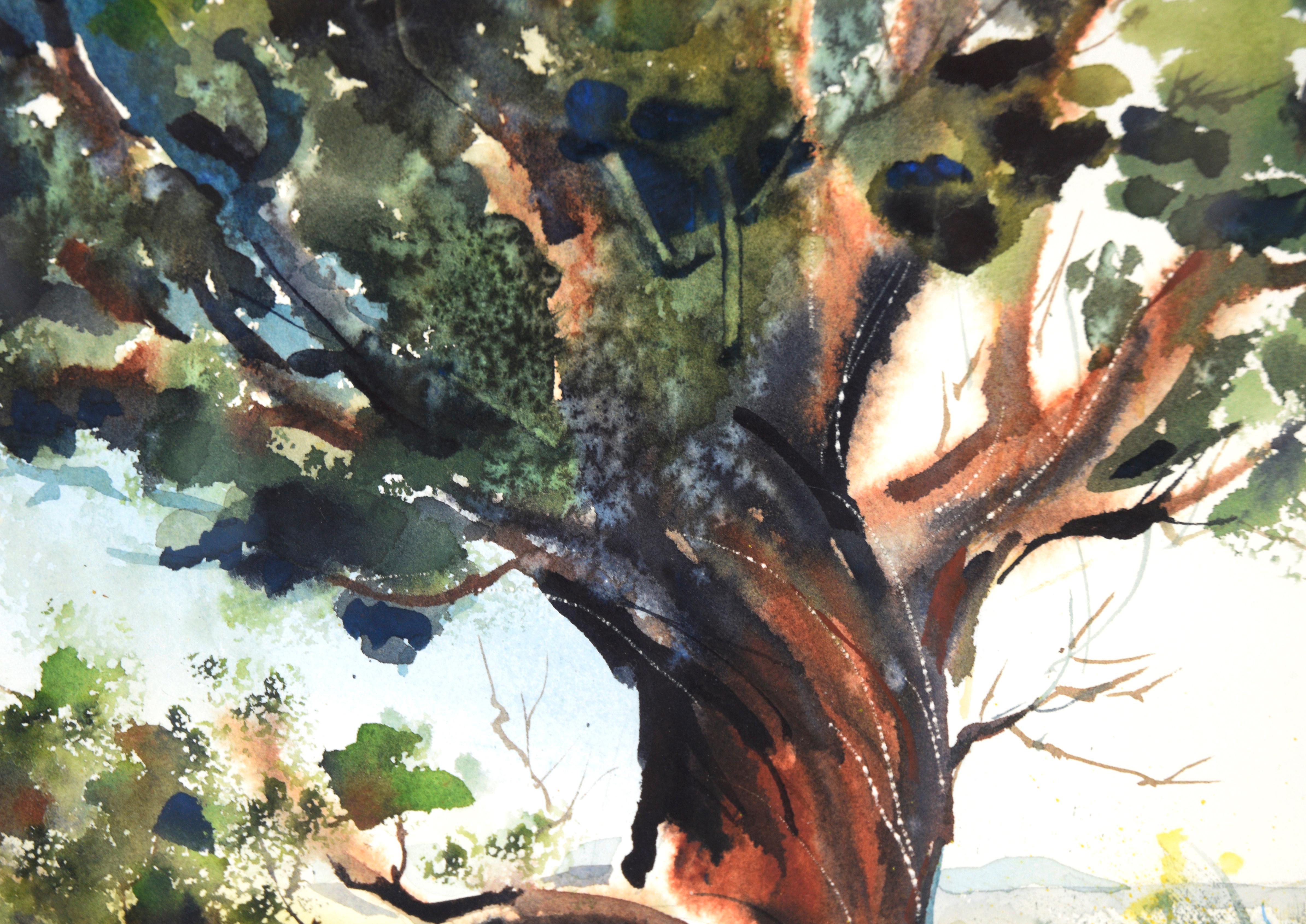 Gelassenes Aquarell der Westküsten-Künstlerin Marge Eaton Johnson (Amerikanerin, 1940-2013). Der große, knorrige Baum im Vordergrund ist reich an Texturen - Johnson hat ein Trockenmittel (wahrscheinlich Salz) verwendet, um eine blattartige Textur zu