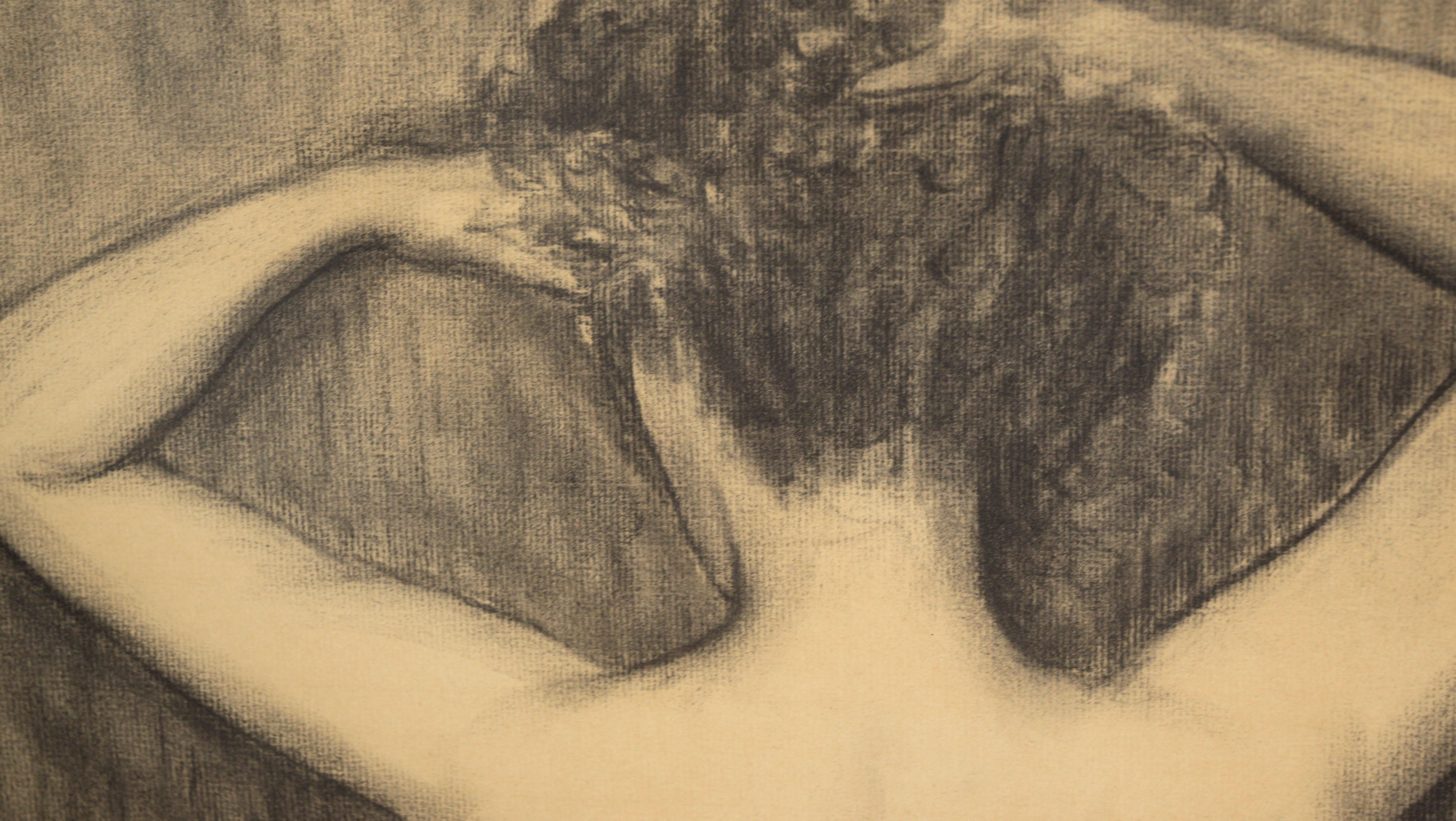 Elegant depiction of a nude woman from behind by American artist Bayless (20th Century). The model's hands are raised, adjusting her hair, and the artist has captured the twisting and flexing of her musculature. Shading is used sparingly on the
