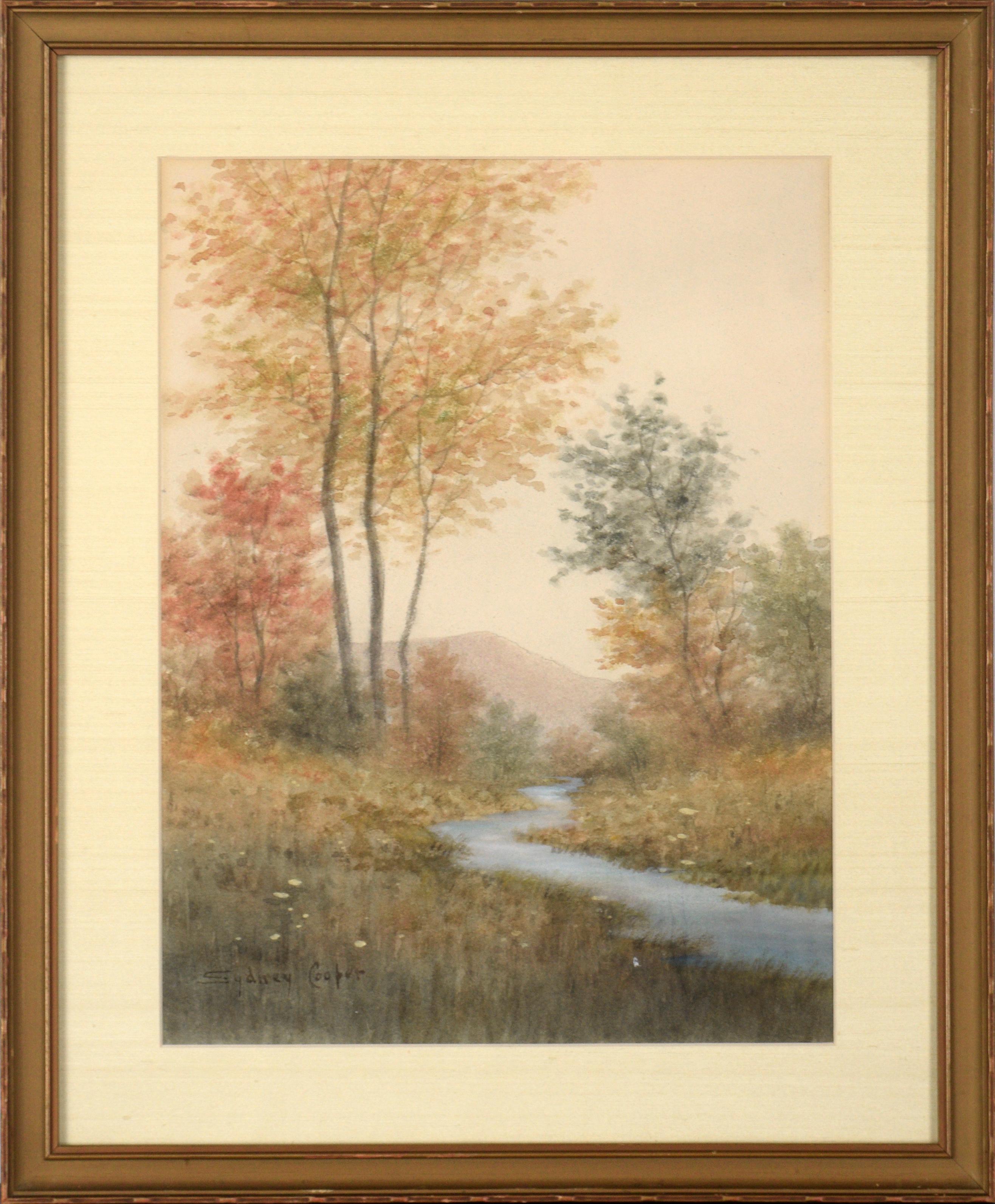 Sydney Cooper Landscape Art - Autumn by the Stream, Early 20th Century Landscape Watercolor 
