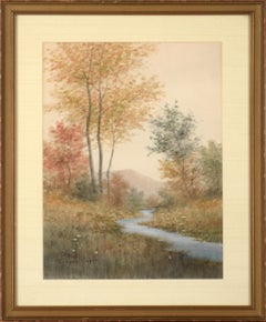 Antique Autumn by the Stream, Early 20th Century Landscape Watercolor 