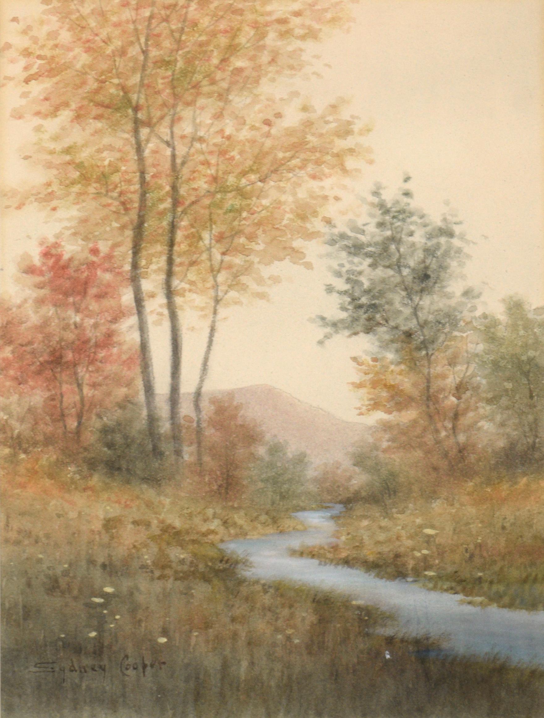 Autumn by the Stream, aquarelle de paysage du début du XXe siècle  - Art de Sydney Cooper