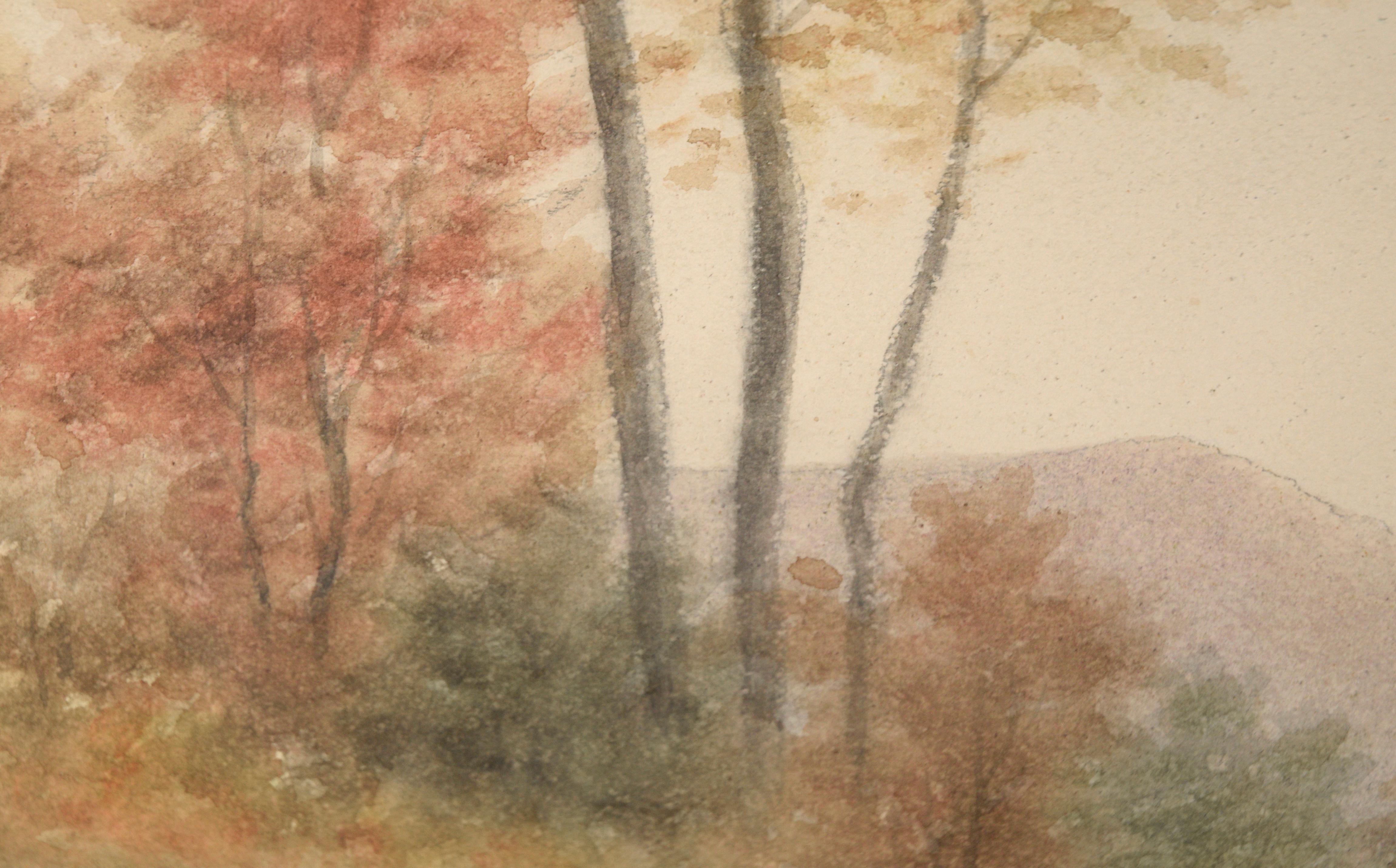 Scène d'automne aux tons subtils par Sydney Cooper (américain, 19e-20e s.). Cette pièce est composée de tons automnaux discrets - bronzés, verts pâles et rouges cuivrés. Un ruisseau bleu traverse le paysage et serpente au loin, divisant la