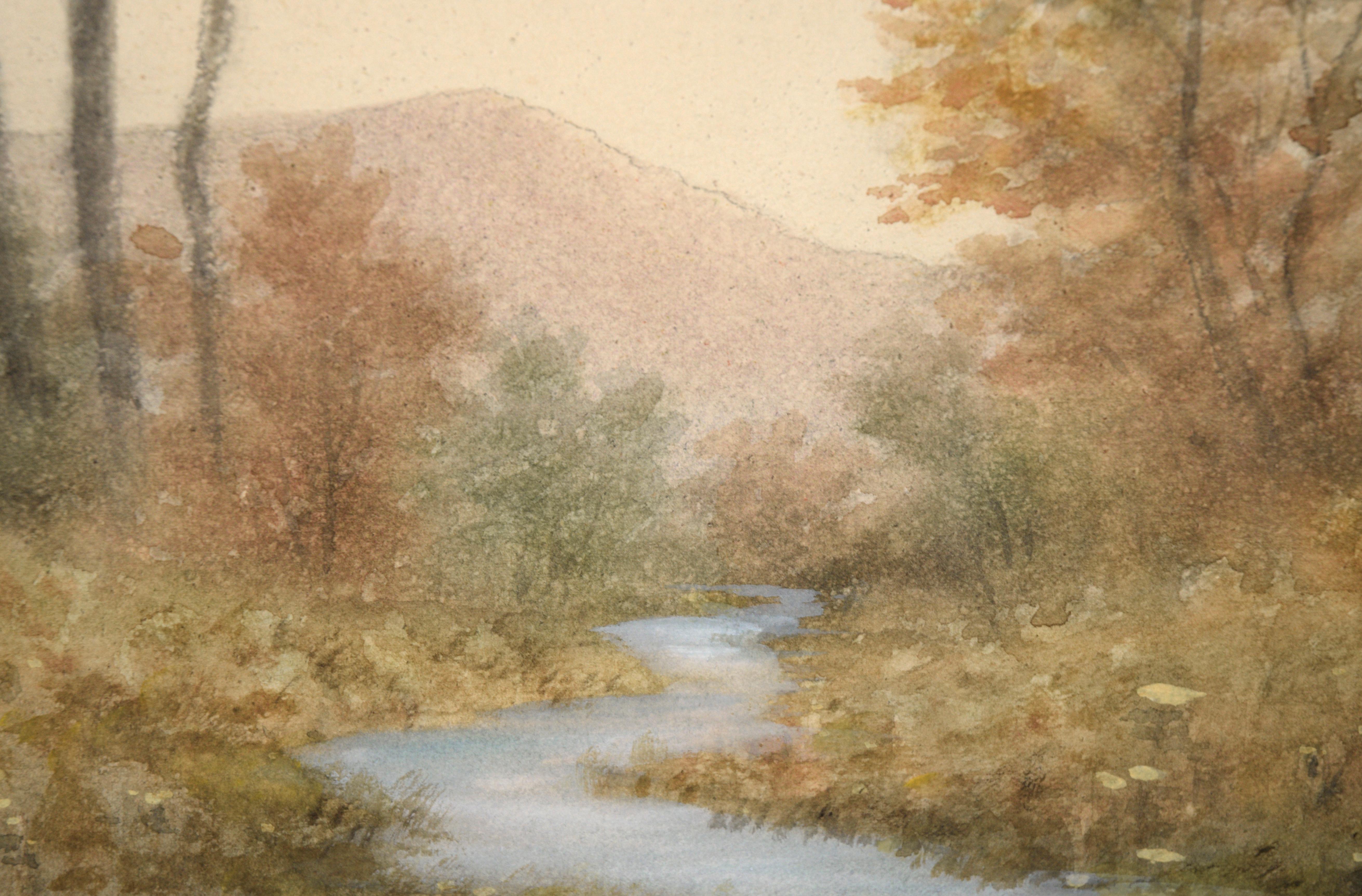 Subtly-toned autumn scene by Sydney Cooper (American, 19th-20th C.). This is piece is composed of subdued fall tones - tan, pale green, and coppery reds. A blue stream cuts through the landscape and meanders into the the distance, dividing up the