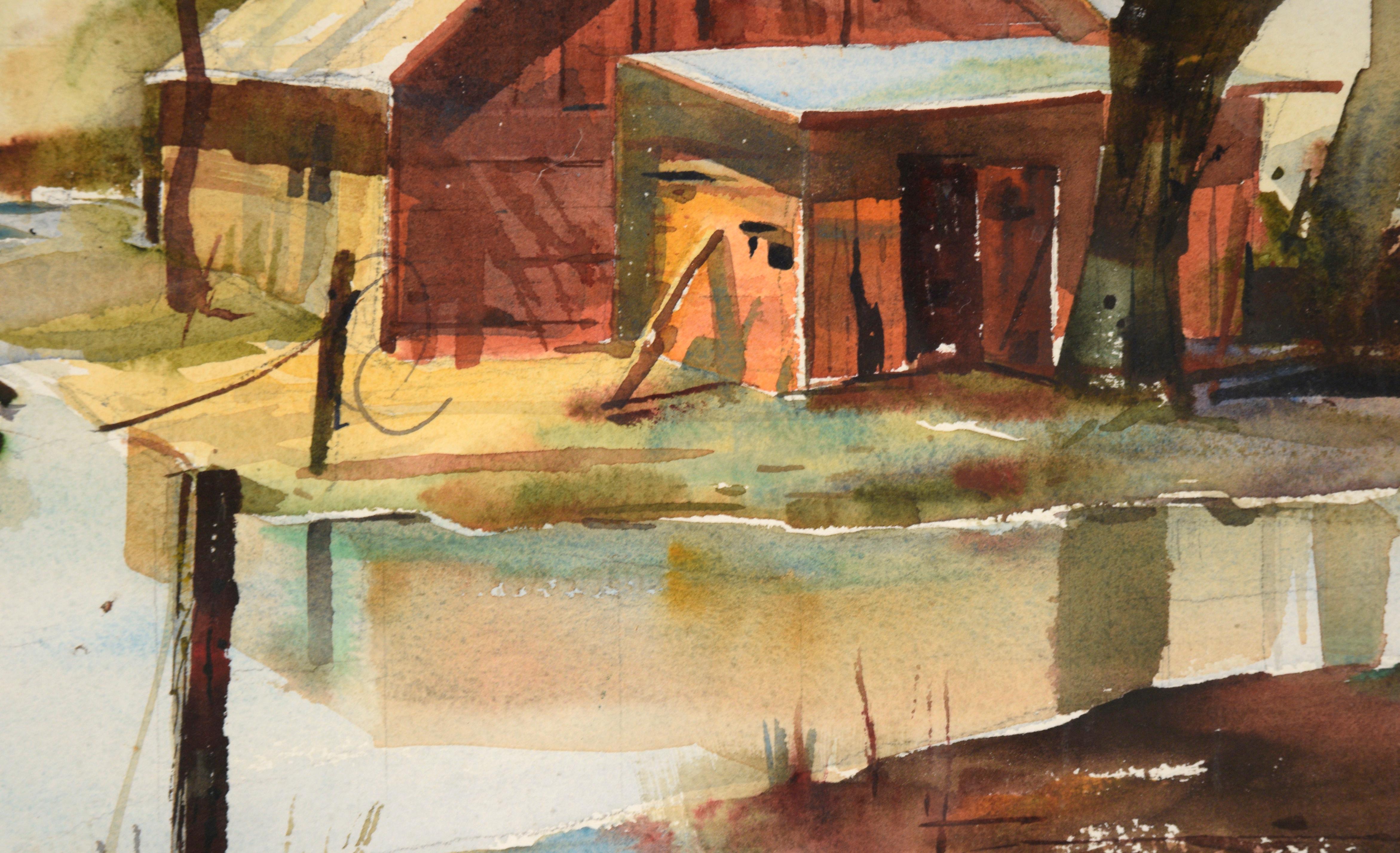The Fishing Shack, Landscape Watercolor - Beige Landscape Art by Floyd Town