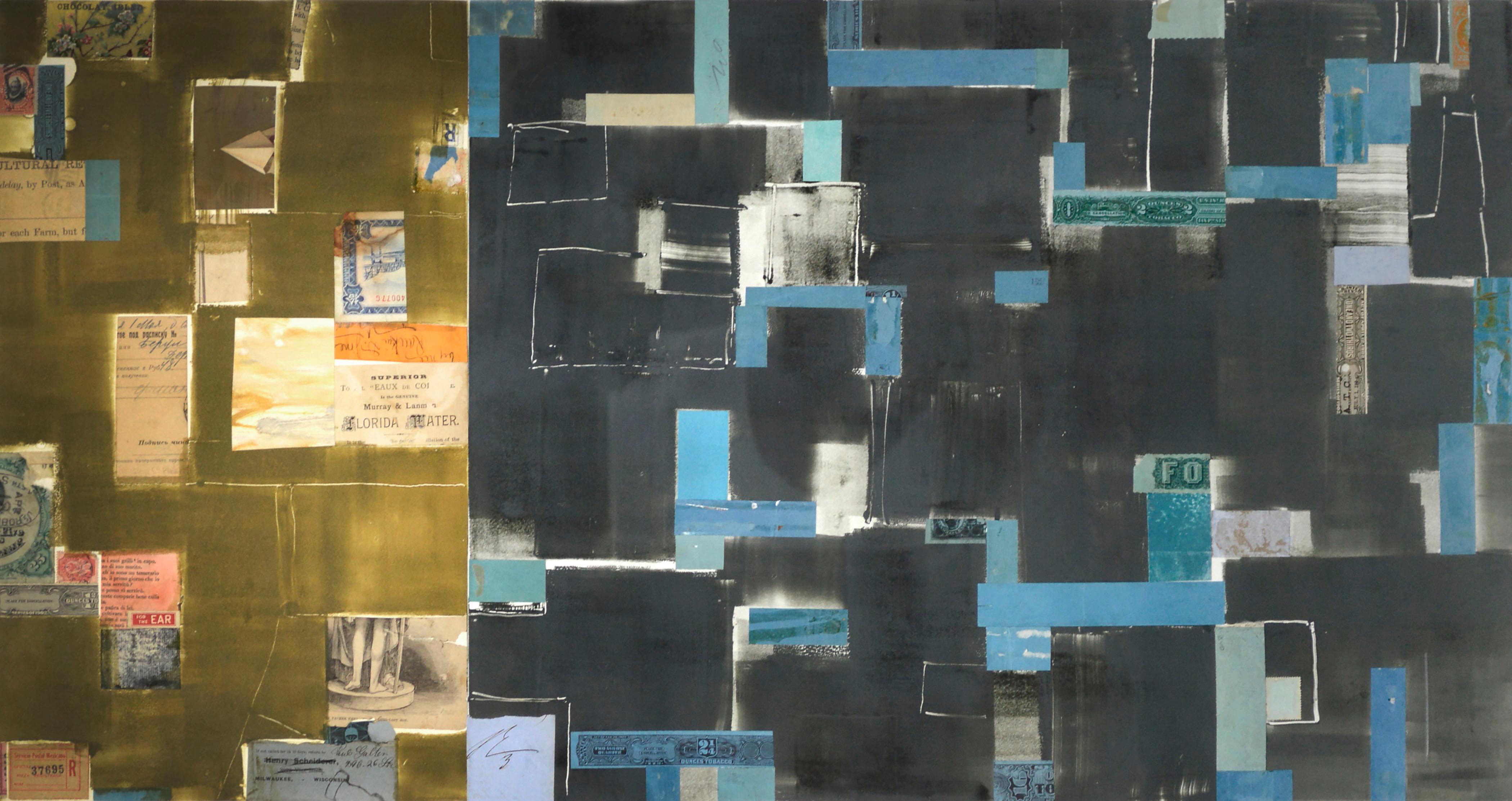 Chine Colle, Armee, grün, schwarz und blau, Aquarell mit Fundstück-Collage – Art von Michael Pauker 