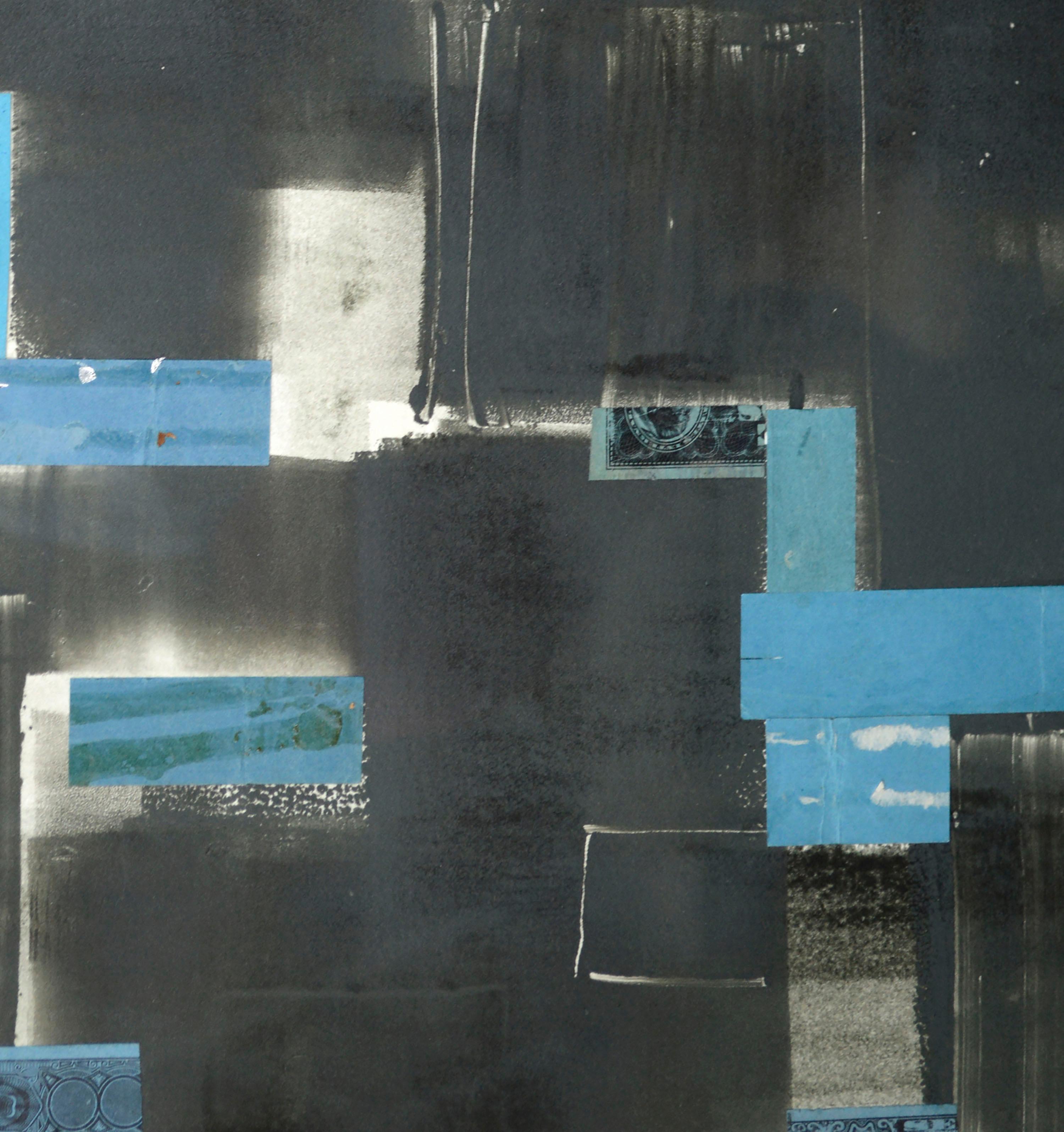Beautiful abstract expressionist collage by Bay Area artist Michael Pauker (American, b.1957). Composed of two contrasting sections; army green with orange and warm neutral found object collage elements, and a black section with vivid blue paper