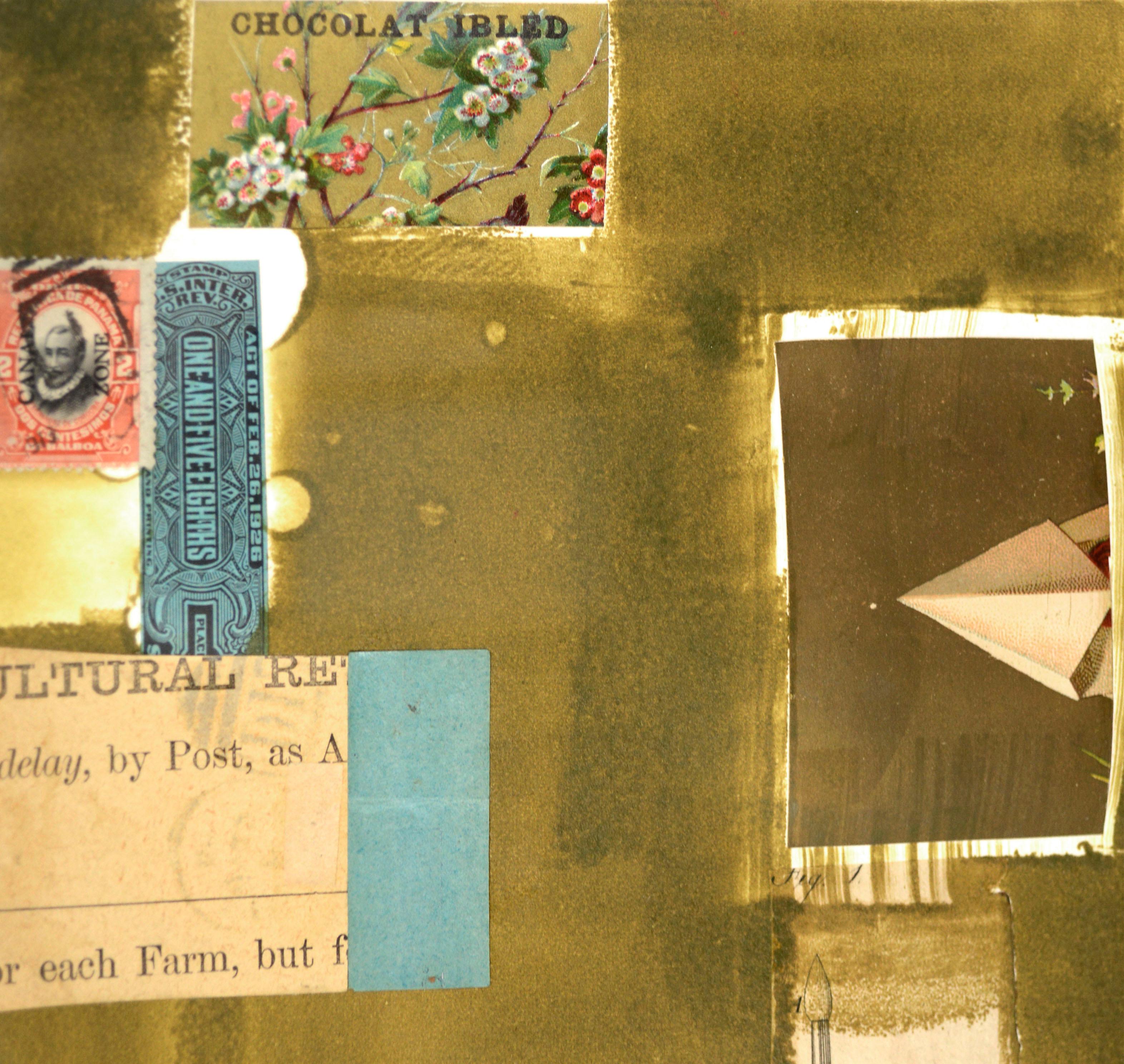 Chine Colle, Armee, grün, schwarz und blau, Aquarell mit Fundstück-Collage (Schwarz), Abstract Drawing, von Michael Pauker 