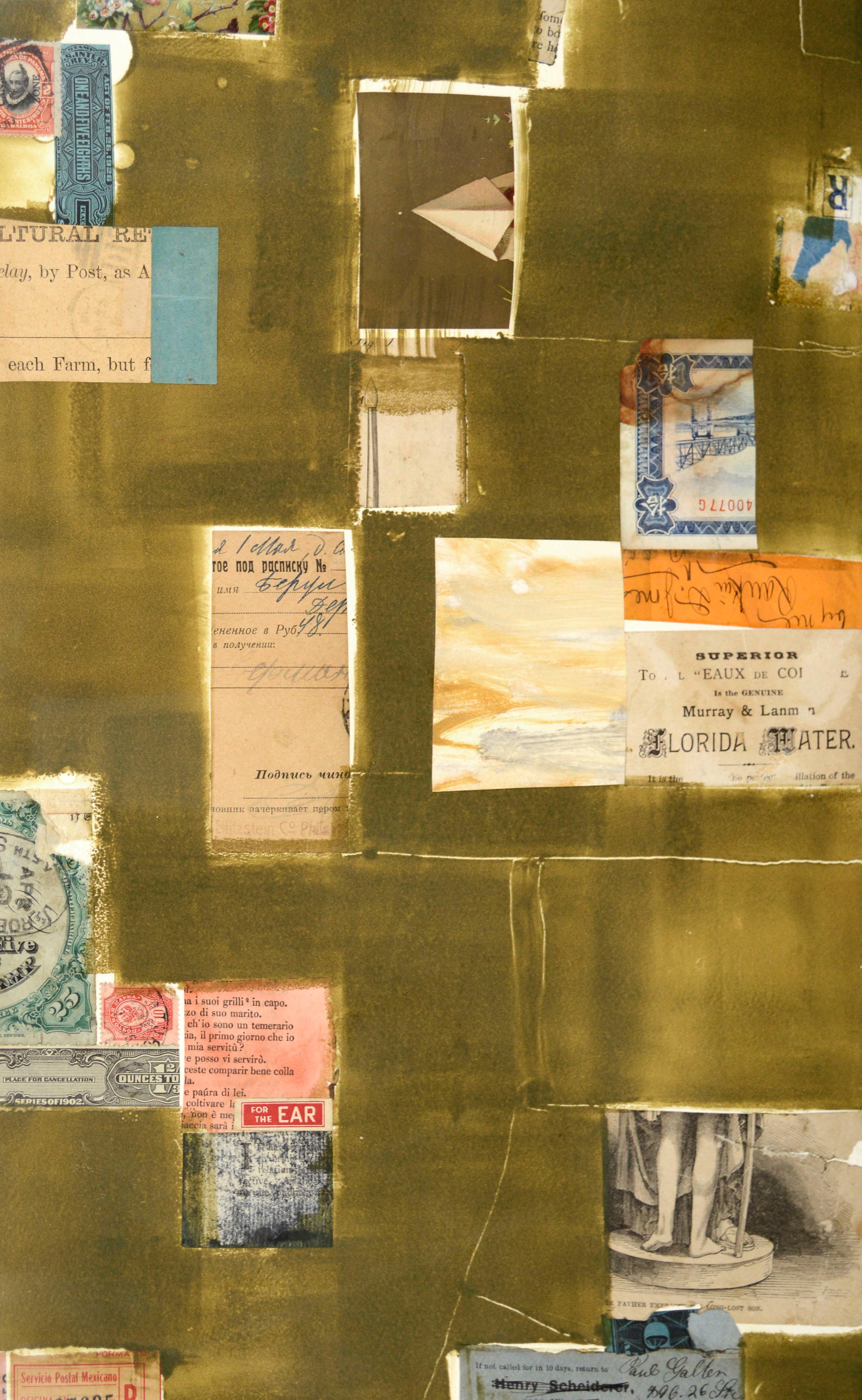 Chine Colle, Armee, grün, schwarz und blau, Aquarell mit Fundstück-Collage (Abstrakter Expressionismus), Art, von Michael Pauker 