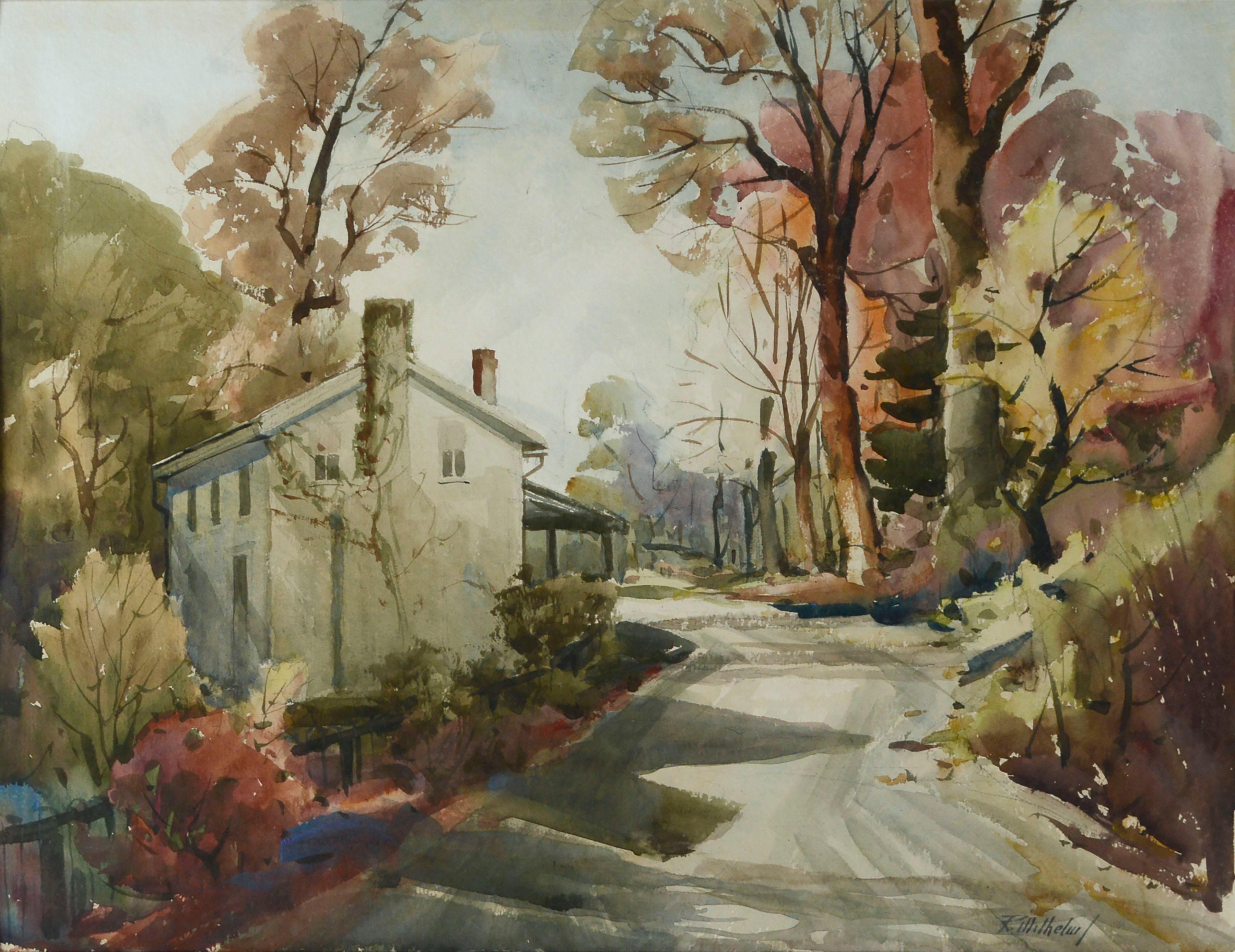Country Lane in Autumn, Early 20th Century Ohio Landscape Watercolor - Art by Roy Wilhelm