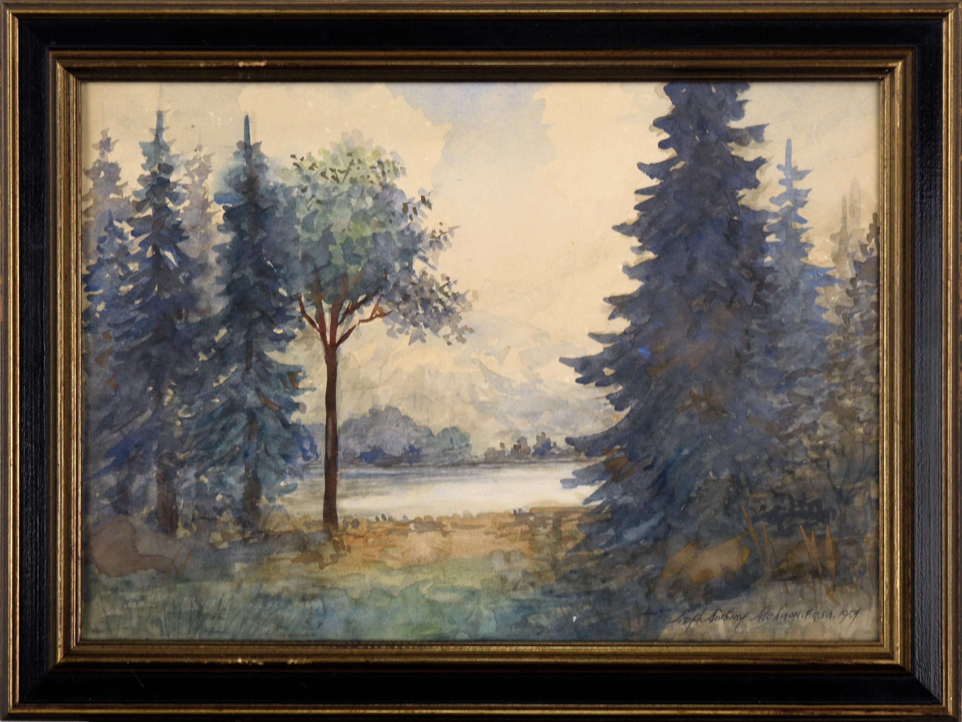 Joseph Anthony Atchison Landscape Art - Looking Out Over the Lake, Forest Landscape