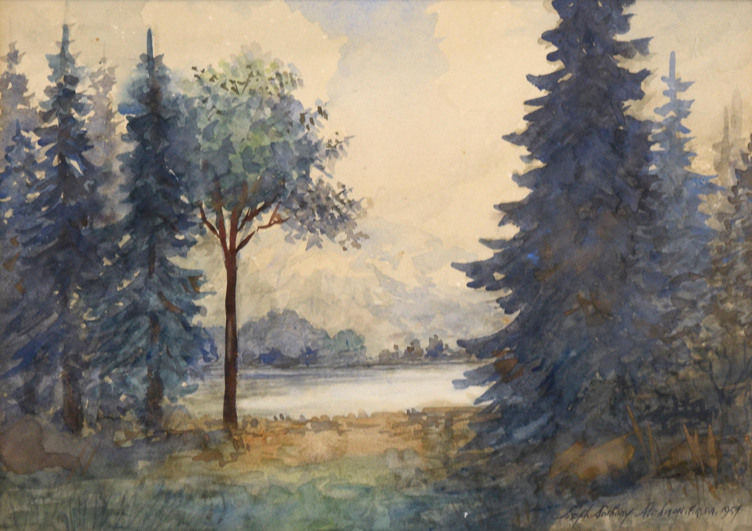 Mirando al lago, paisaje forestal - Art de Joseph Anthony Atchison