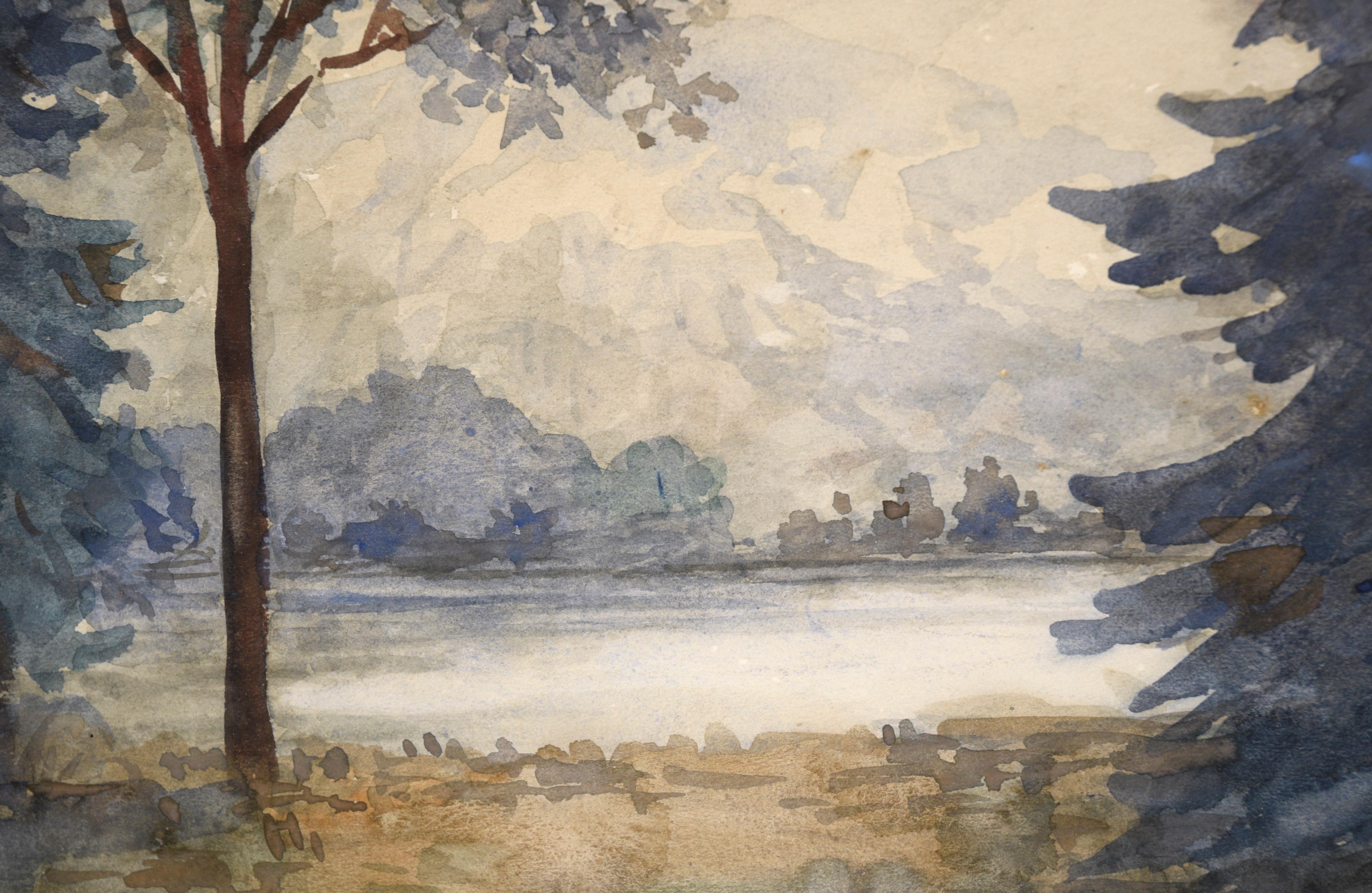 Looking Out Over the Lake, Forest Landscape - Black Landscape Art by Joseph Anthony Atchison