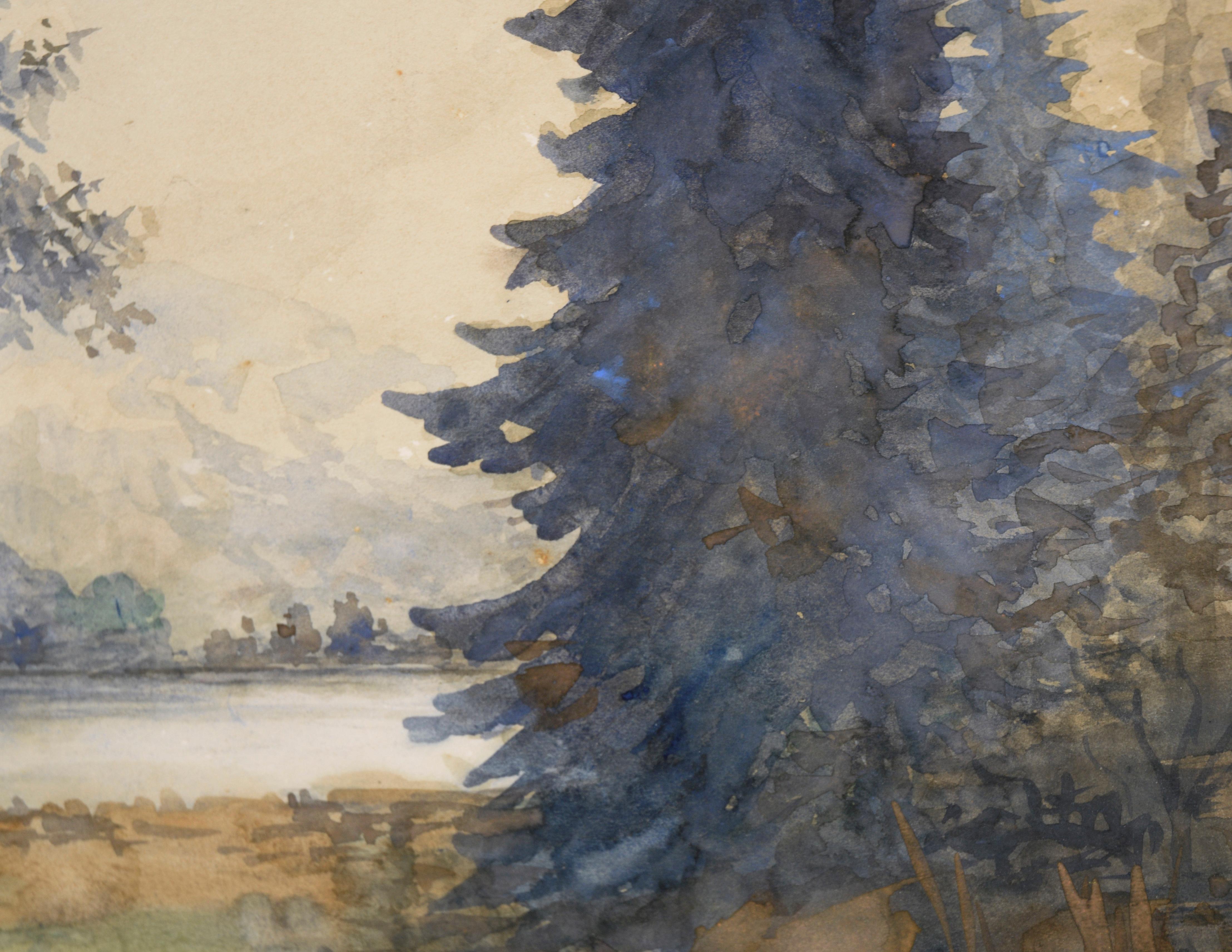 Bold landscape by American artist Joseph A. Atchison (1895-1967). Dark blue pine trees frame the scene on either side, with a lake in the center. Beyond the lake, a group of mountains rise from the horizon to mingle with the cloudy sky.

Signed in