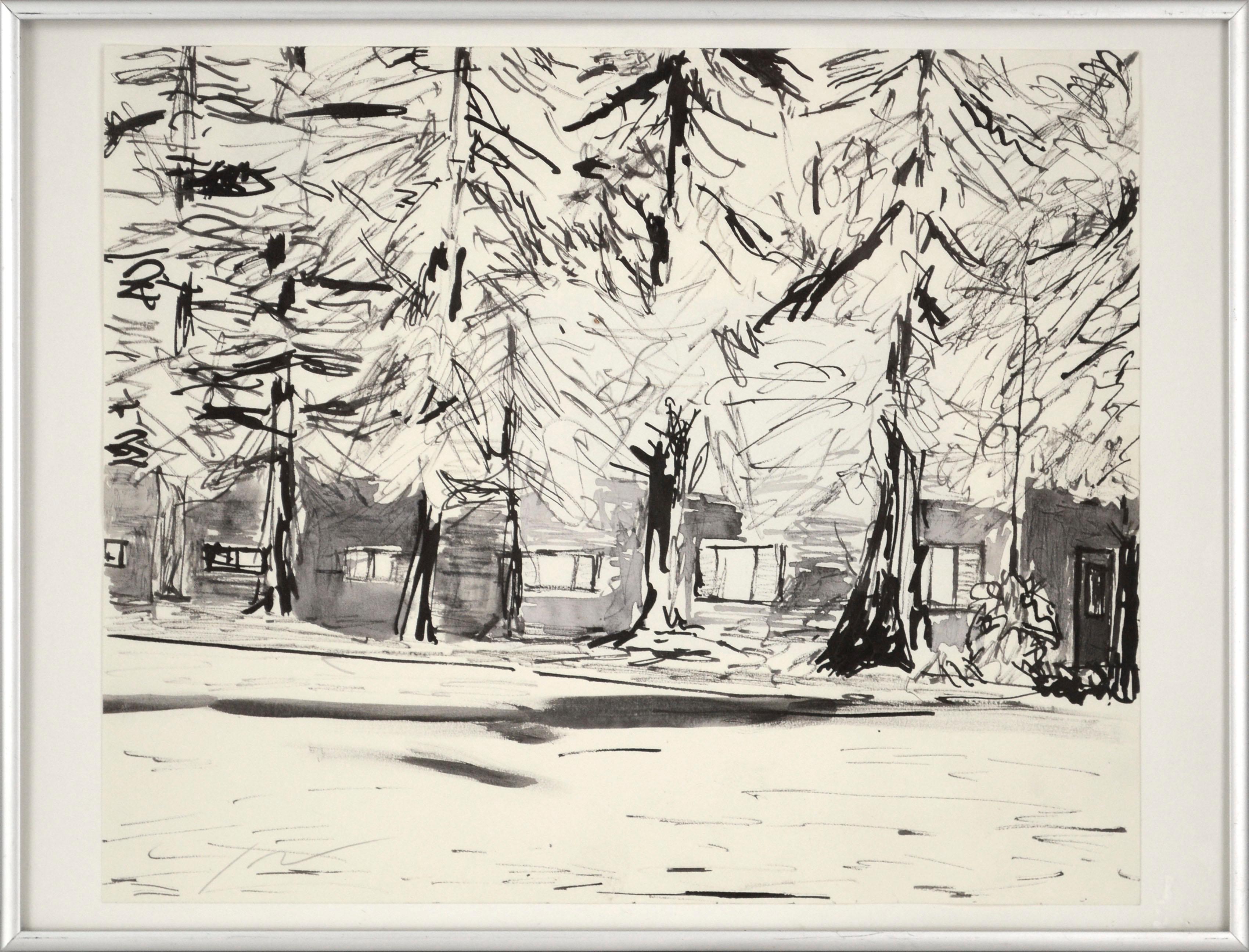 Cabin in the Woods, India Ink Forest Landscape with Redwood Trees