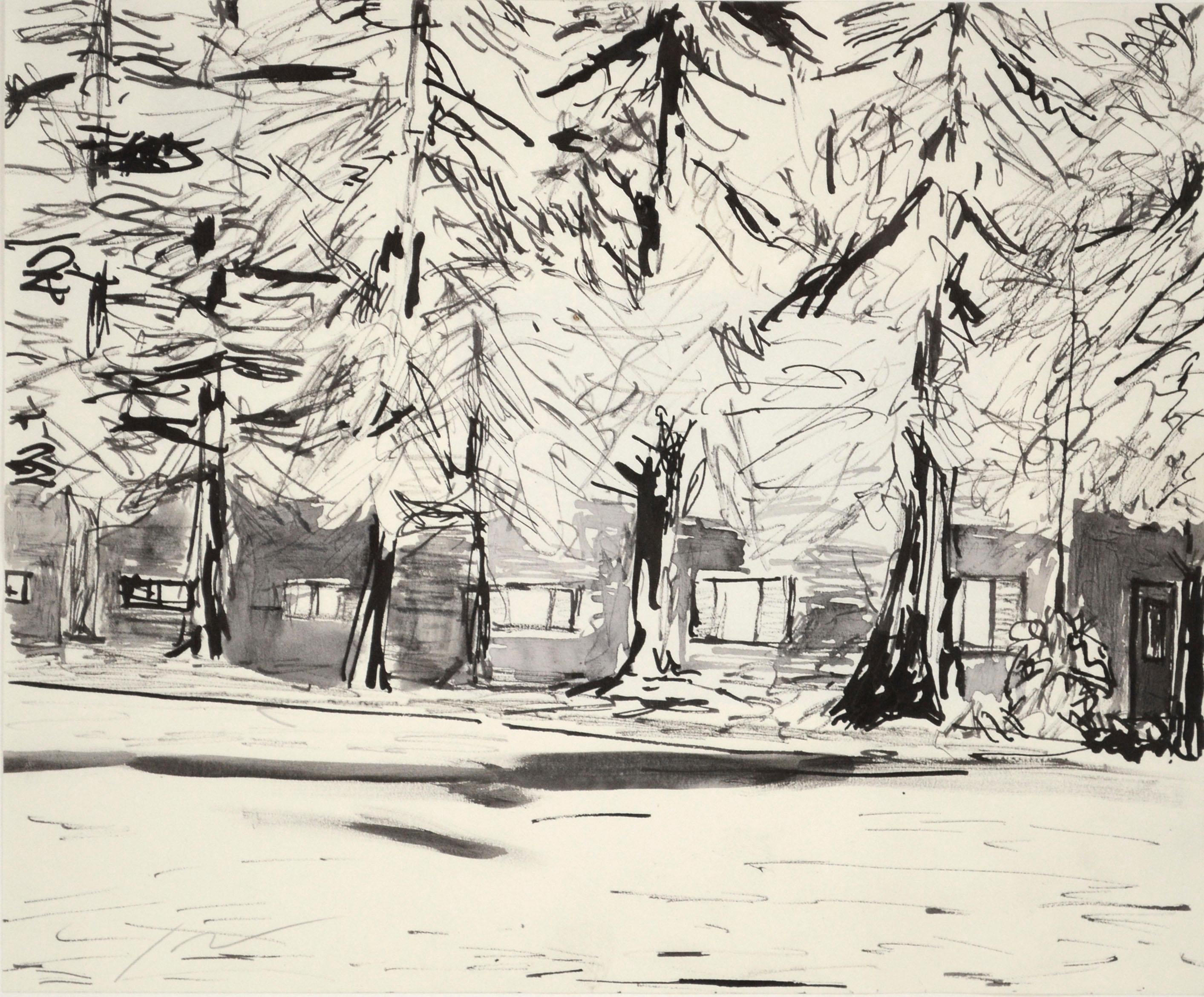 Cabin in the Woods, India Ink Forest Landscape with Redwood Trees  - Art by Michael Pauker 