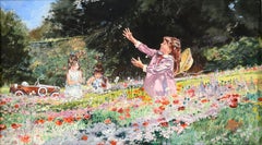 "On the Breeze", Girls Playing in Wildflower Field Figurative Landscape W/C