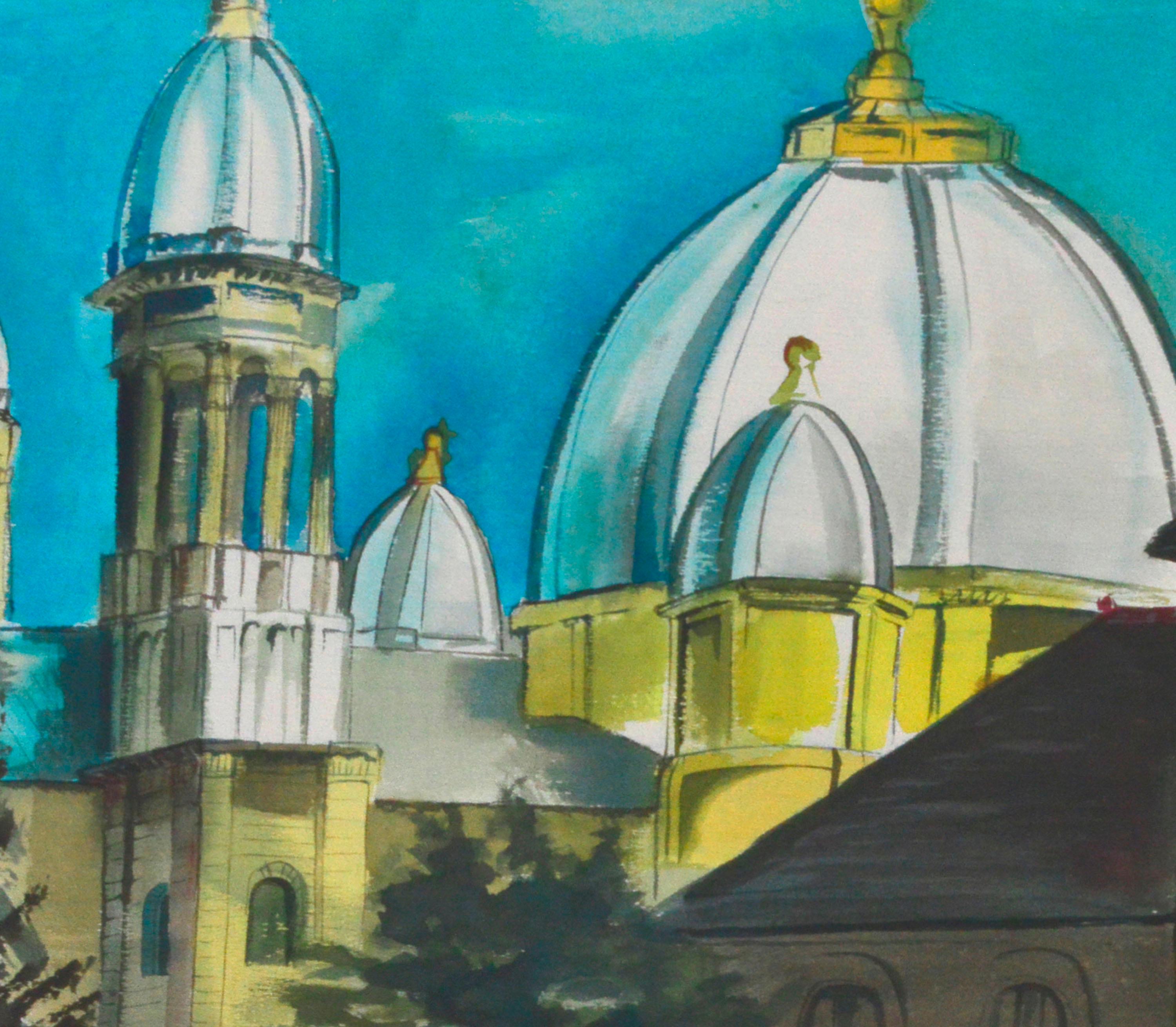 Aquarelle d'un paysage de cathédrale de San Francisco - église Saint Ignatius - Art de Diane Baldwin