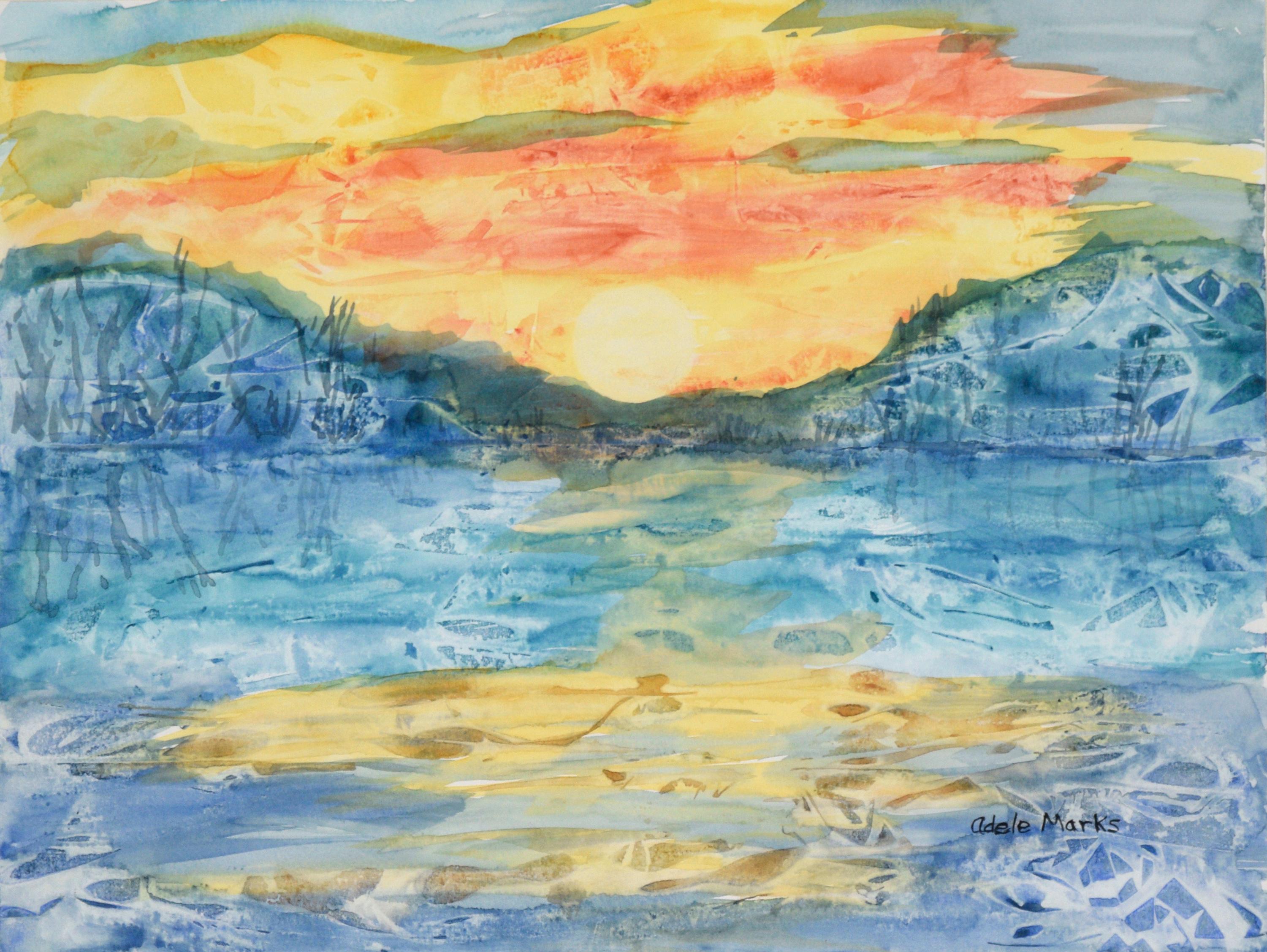 Un coucher de soleil vif au-dessus d'un lac - Paysage abstrait - Art de Adele Marks
