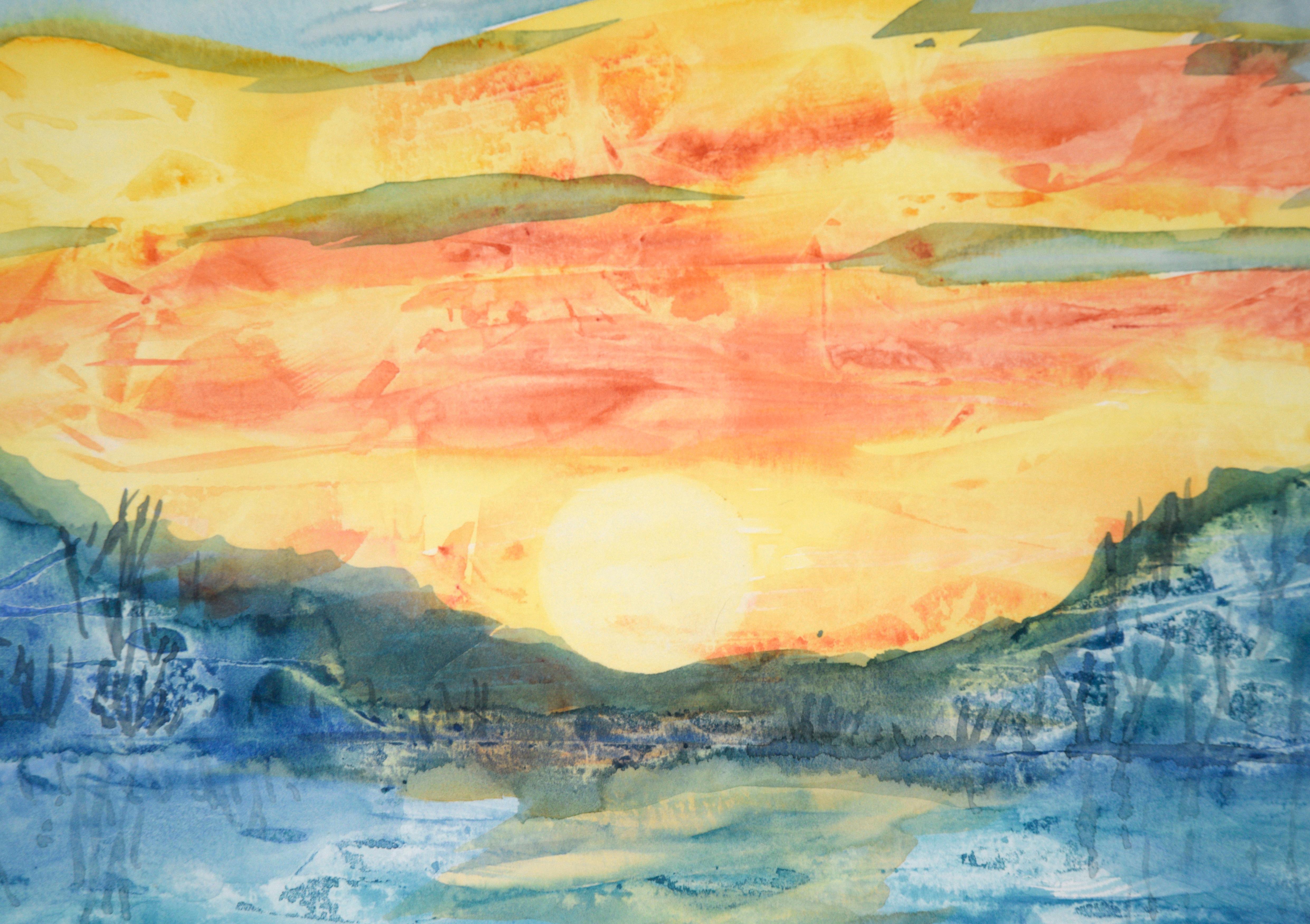 Un coucher de soleil vif au-dessus d'un lac - Paysage abstrait - Beige Landscape Art par Adele Marks