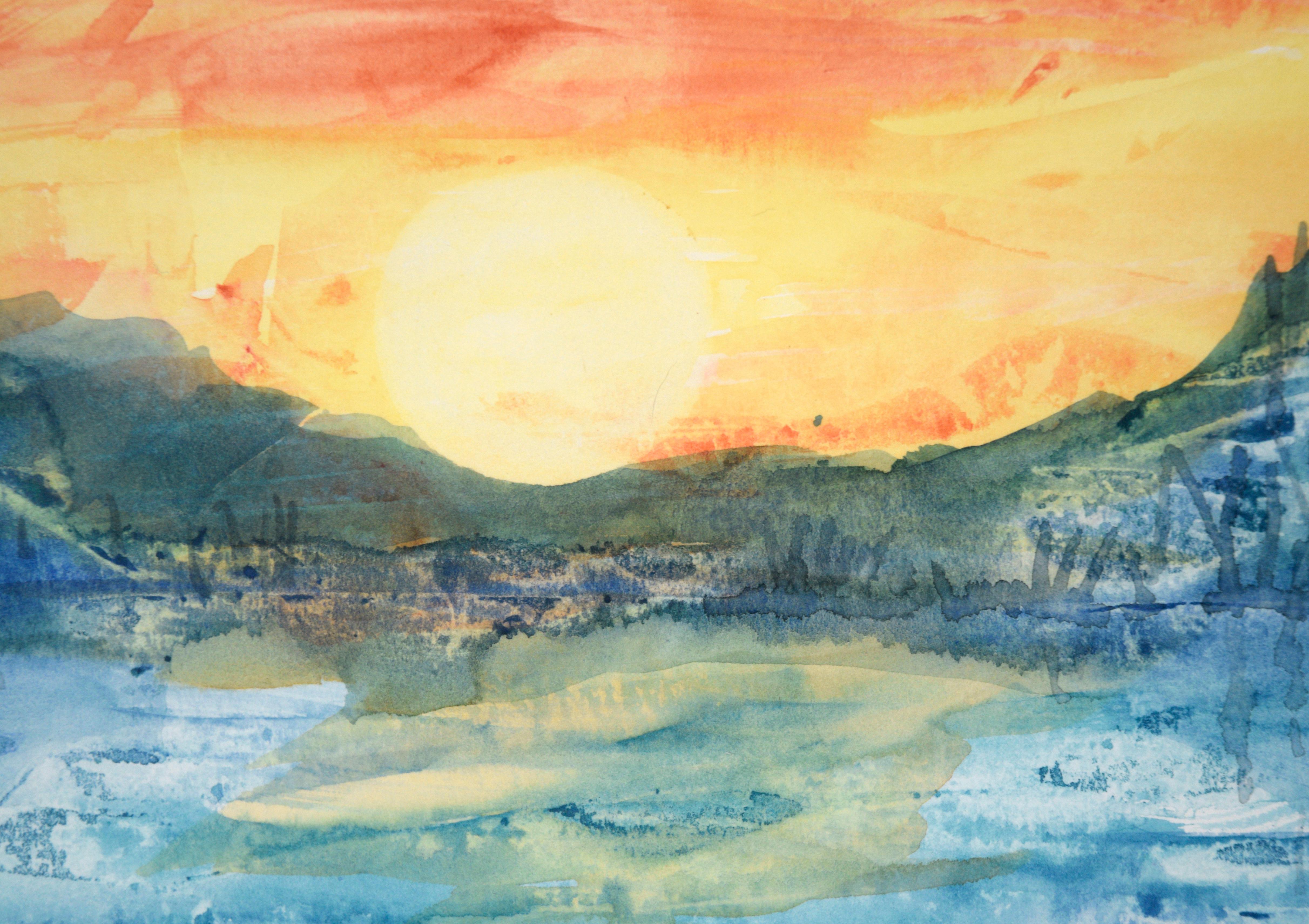 Vibrant depiction of a sunset by Adele Marks. The sun appears to burn white-hot in the center of this piece, radiating warm colors into the sky above and water below. Surrounding the bright red, orange, and yellow areas is a cool landscape of blue,