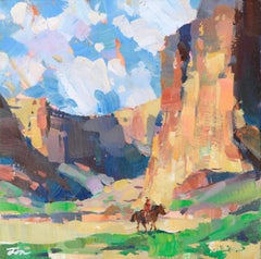 Cowboy in the Canyon, Small Contemporary Multicolor Abstract Figural Landscape