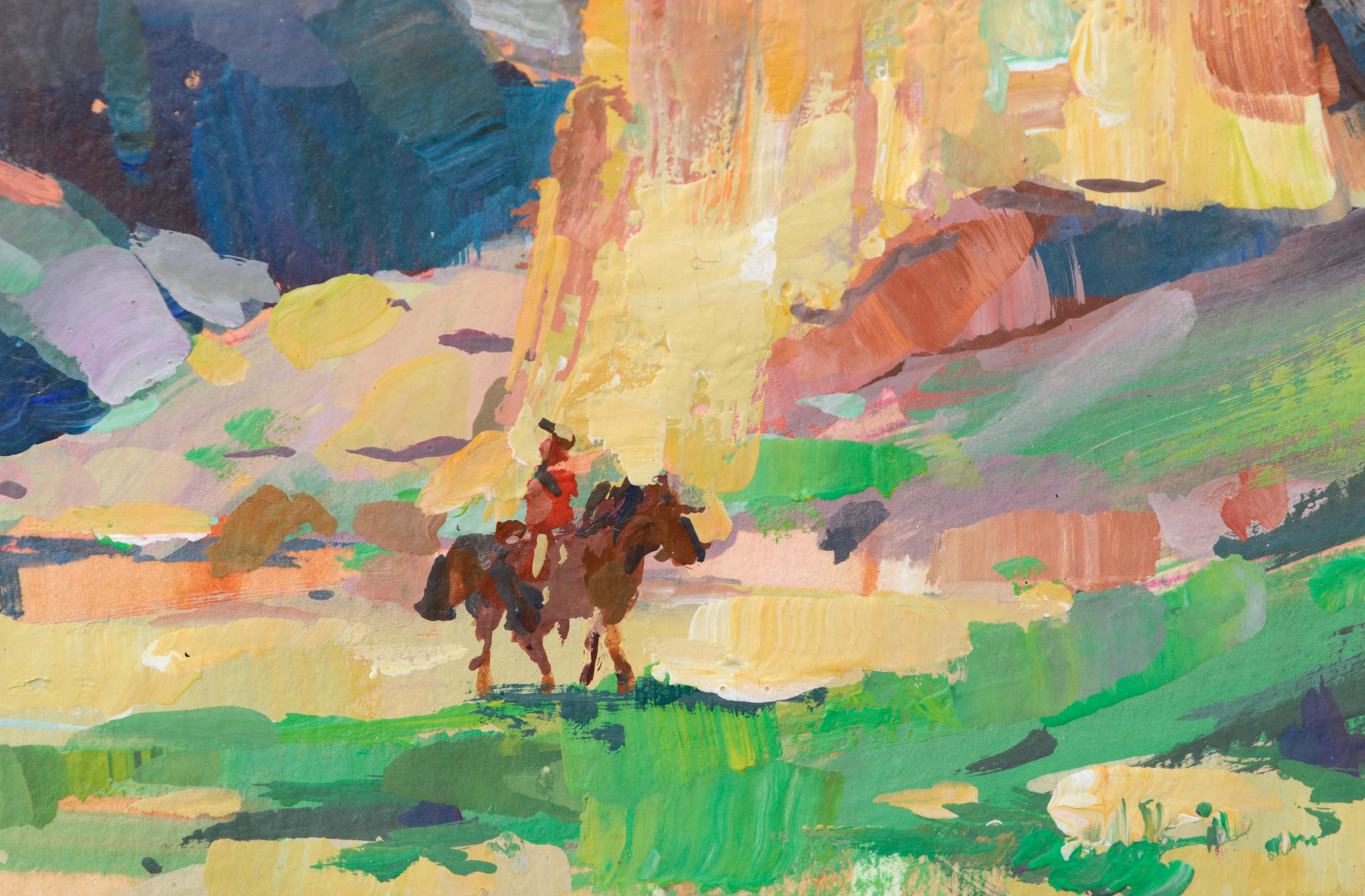 Cowboy im Canyon, Kleine Contemporary Multicolor Abstrakte Figurale Landschaft – Art von Tiffanie Mang