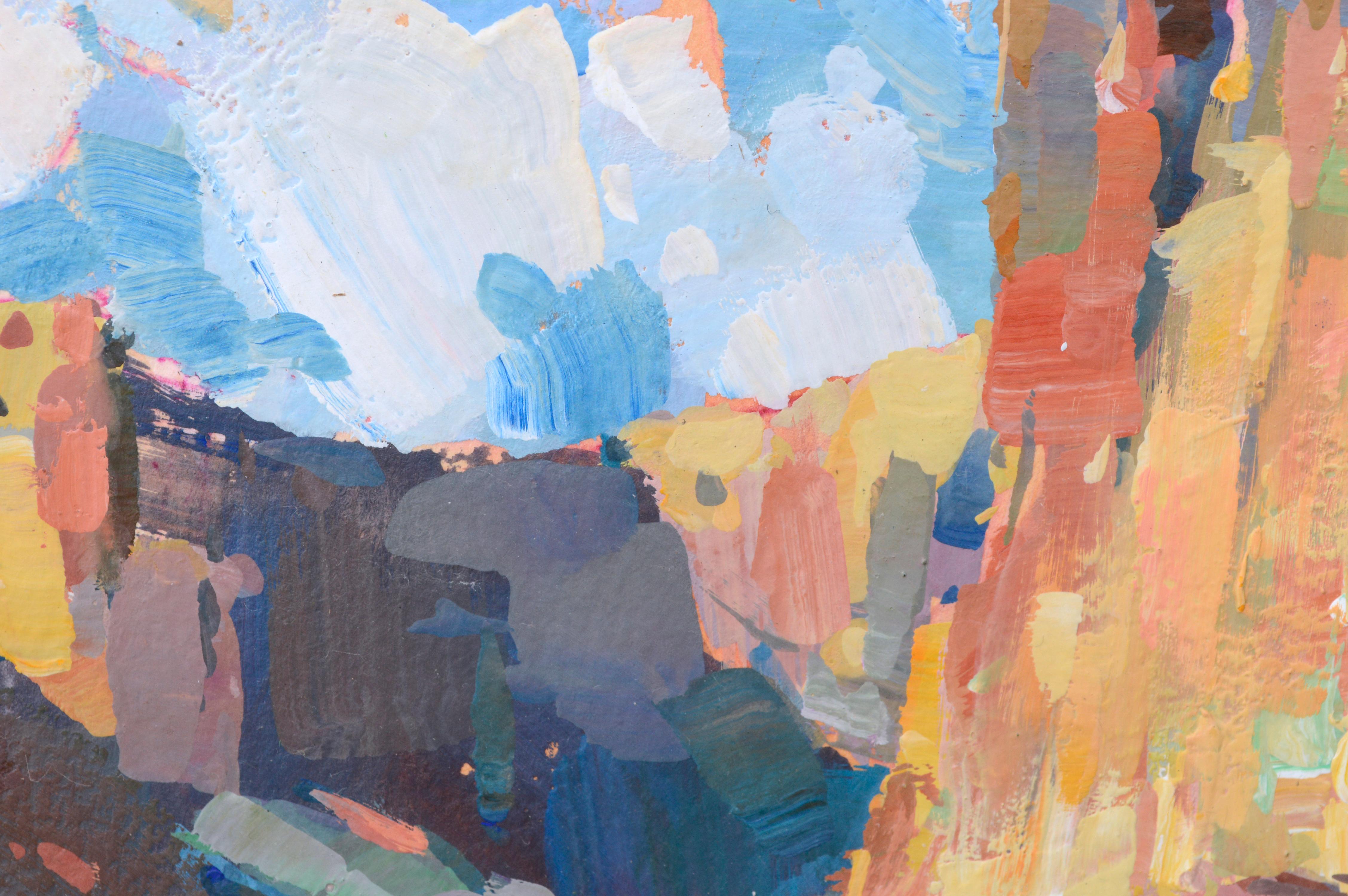 Cowboy im Canyon, Kleine Contemporary Multicolor Abstrakte Figurale Landschaft (Amerikanischer Impressionismus), Art, von Tiffanie Mang