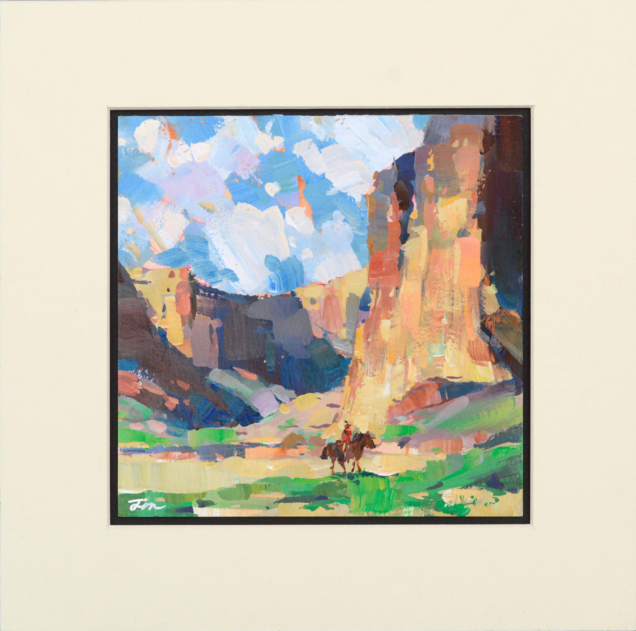 Cowboy im Canyon, Kleine Contemporary Multicolor Abstrakte Figurale Landschaft im Angebot 2