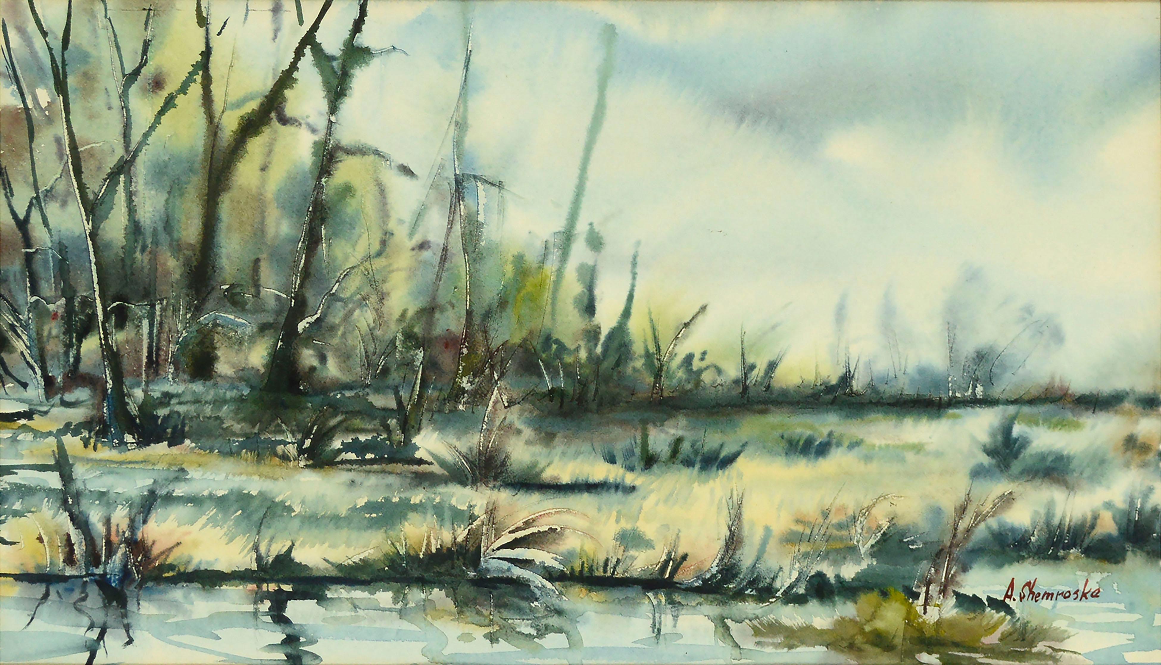 Wetland Trees Reflections, Mid Century Landscape Watercolor  - Art by Anthony Shemroske