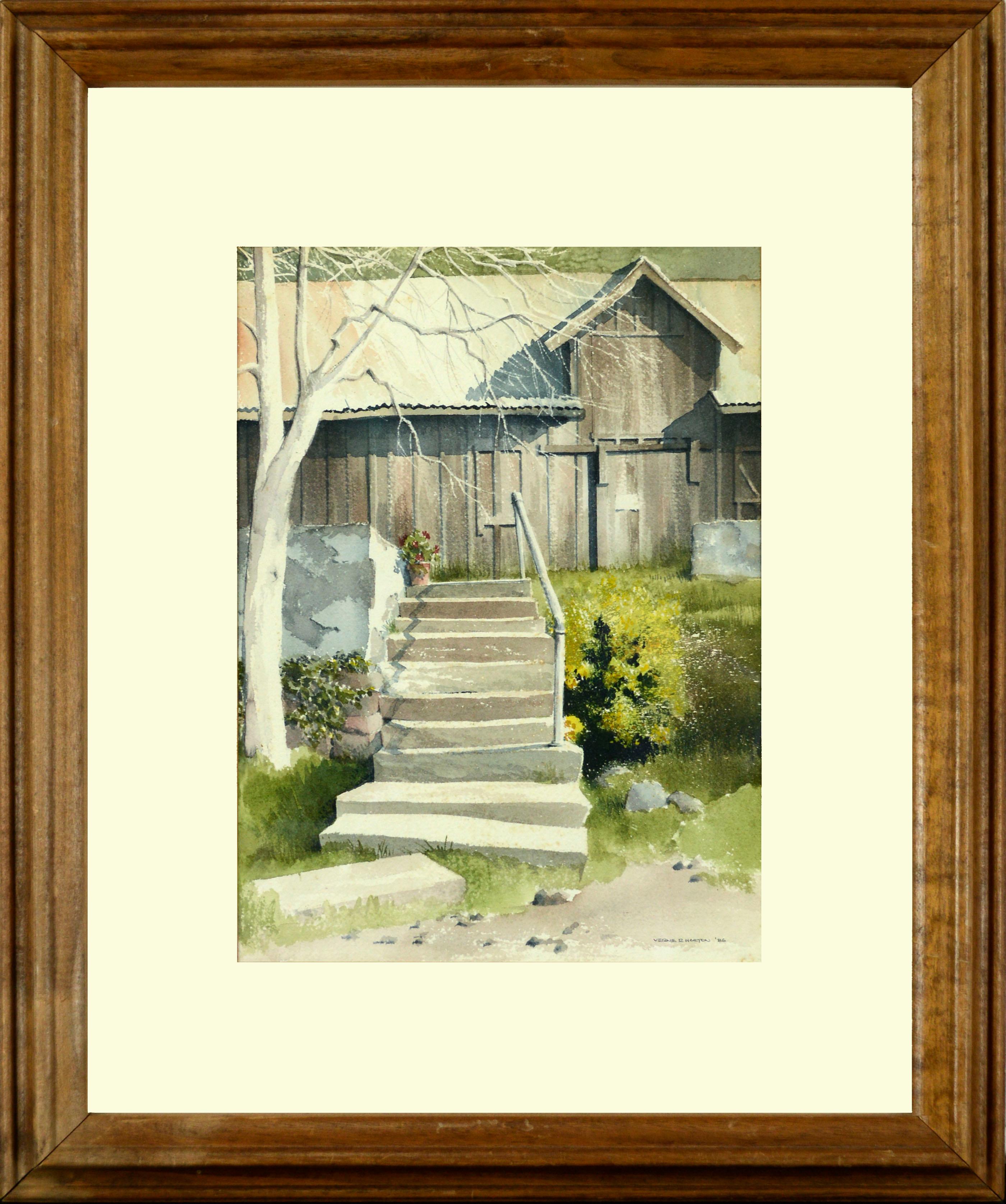 Landscape Art de Verne R. Horton - "Peldaños", Escalera de granja de los años 80 Paisaje realista en acuarela con granero