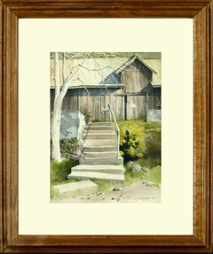 Vintage "Steps", 1980s Farmhouse Staircase Realist Watercolor Landscape with Barn 