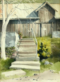 "Steps", 1980s Farmhouse Staircase Realist Watercolor Landscape with Barn