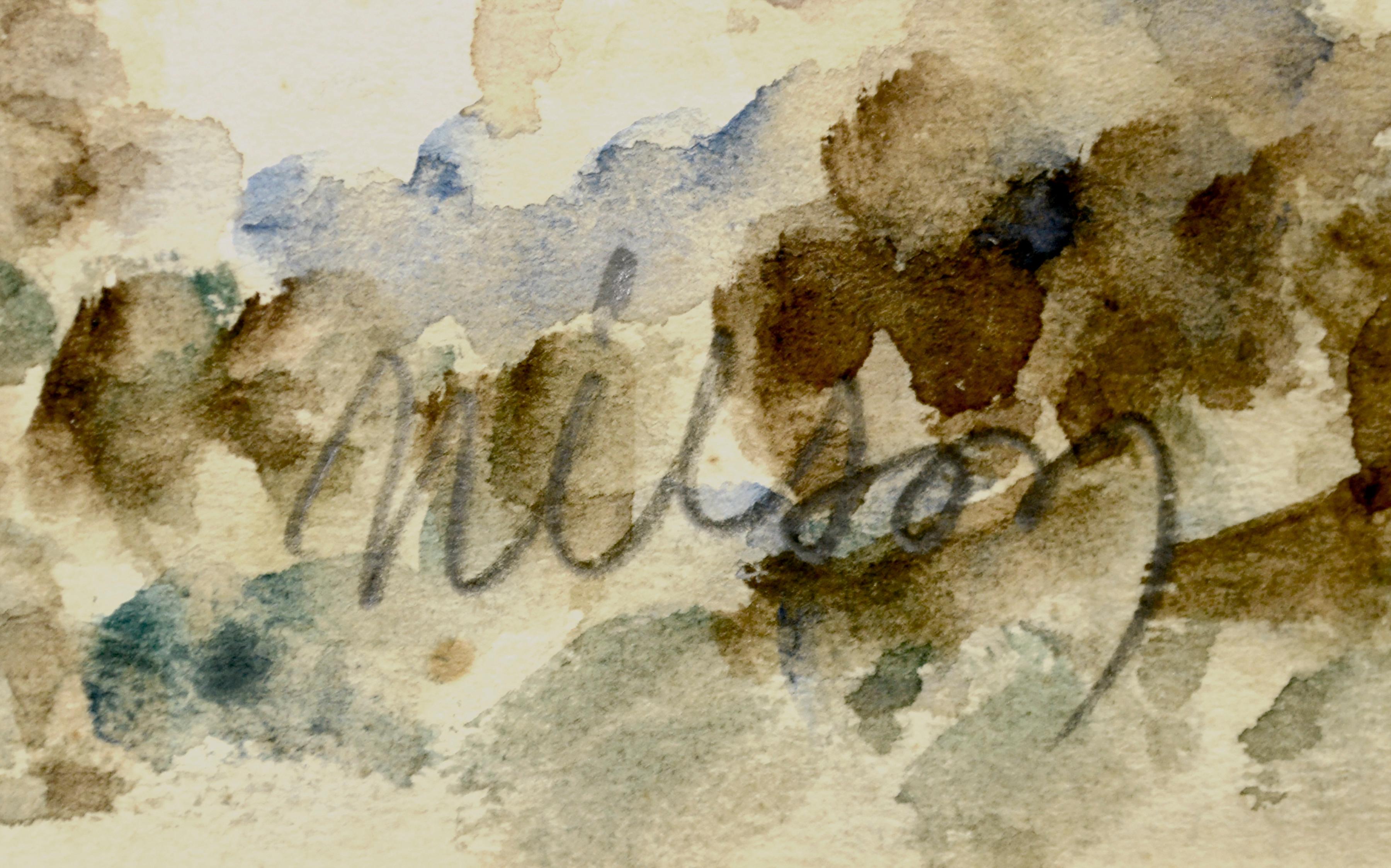 Magnifique aquarelle du milieu du siècle représentant une prairie de campagne avec une petite cabane en rondins par T. Nilson (20e siècle). L'artiste utilise la technique du pointillisme, où l'image est créée en utilisant de nombreux petits points