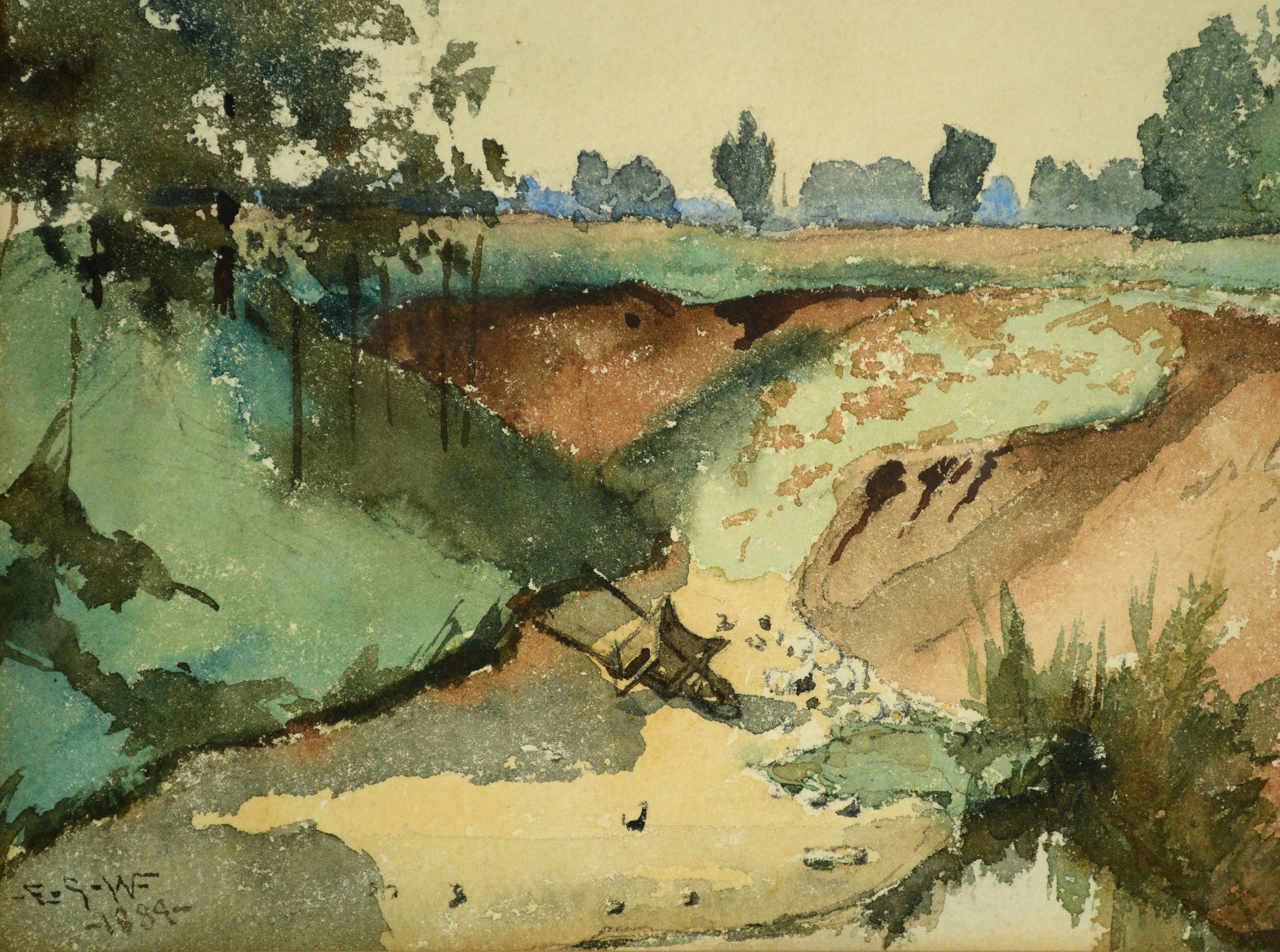 Schöne Aquarelllandschaft aus dem späten 19. Jahrhundert im Stil von Elmer Wachtel (Amerikaner, 1864-1929), von einem unbekannten Künstler aus dem 19. Dieses kleine Aquarell zeigt eine kalifornische Flussbettszene in herrlichen organischen Erdtönen