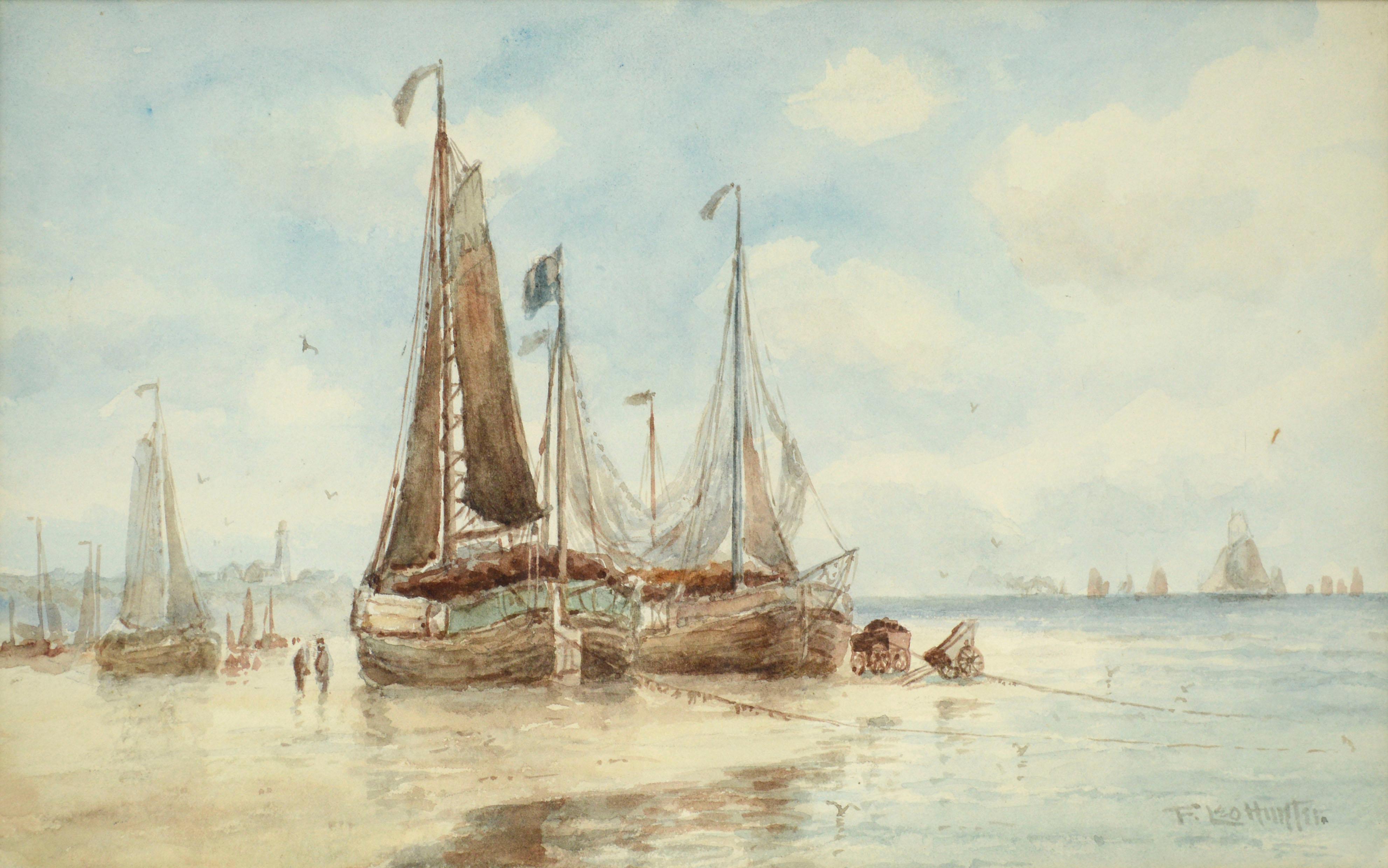 Sailboats in the Harbor, Early 20th Century Figurative Landscape Watercolor - Art by Frederick Leo Hunter