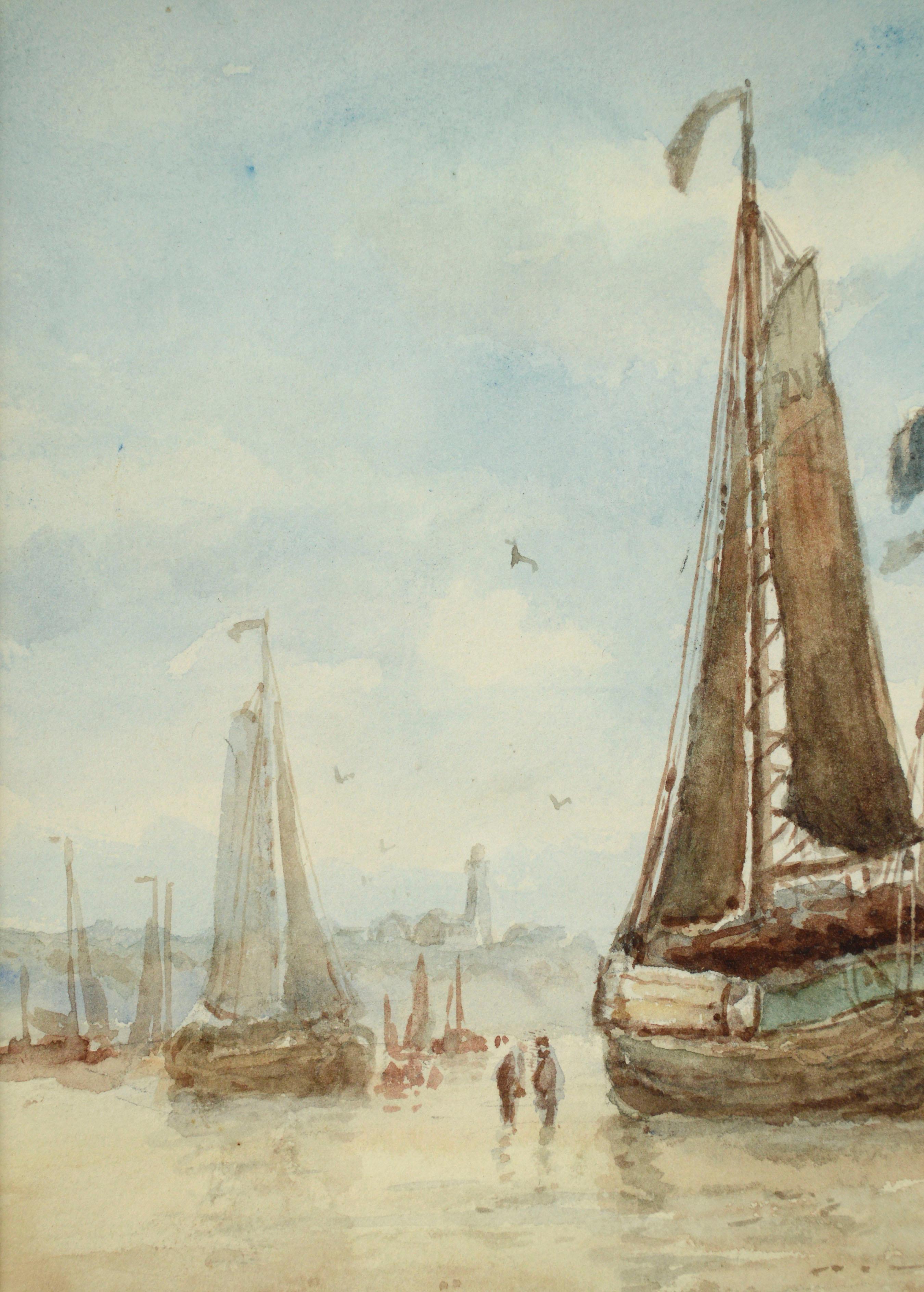 Segelboote im Hafen, figuratives Landschaftsaquarell des frühen 20. Jahrhunderts (Braun), Landscape Art, von Frederick Leo Hunter