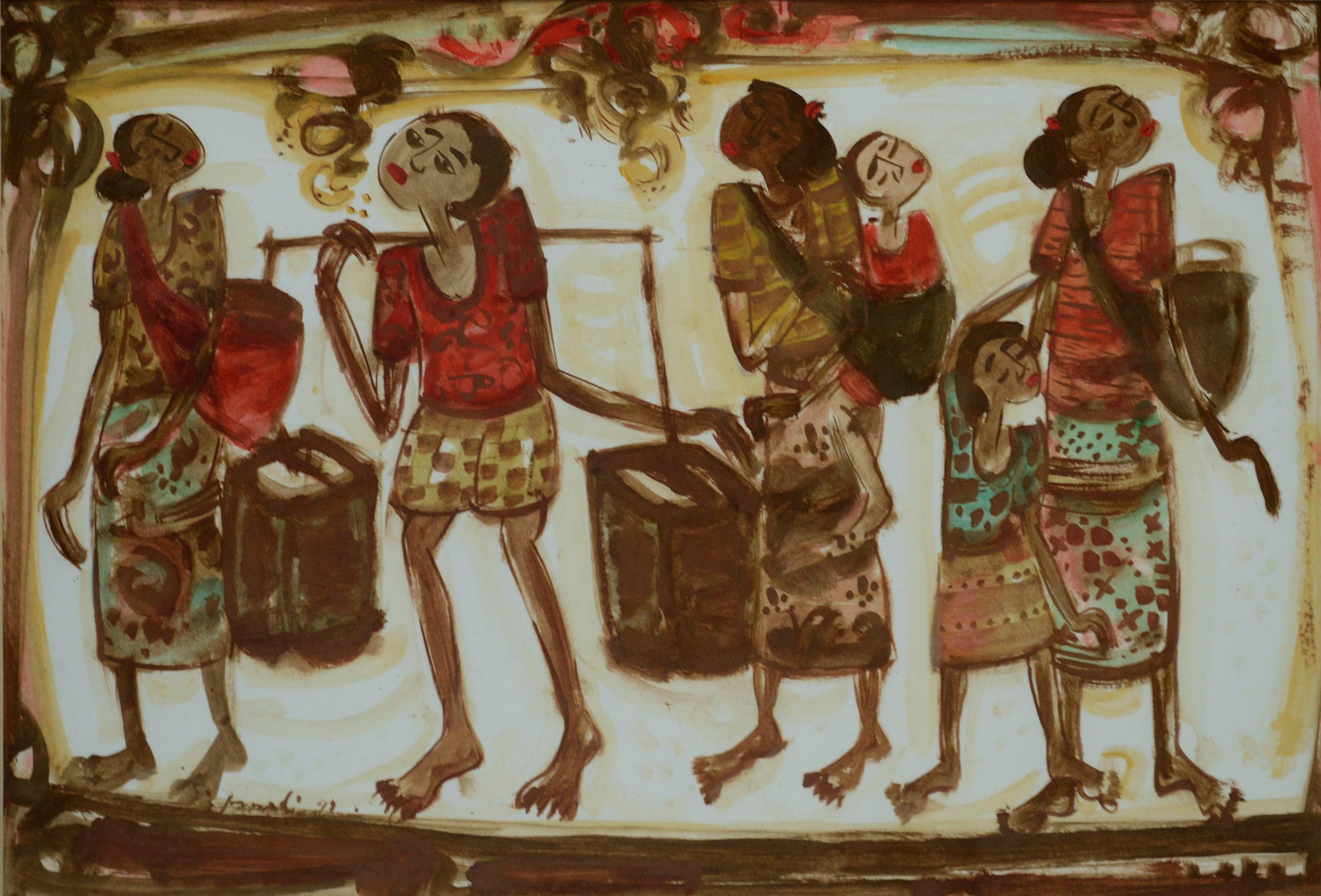 Women Carrying Baskets with Children, Figurative Gouache on Paper  - Art by Unknown