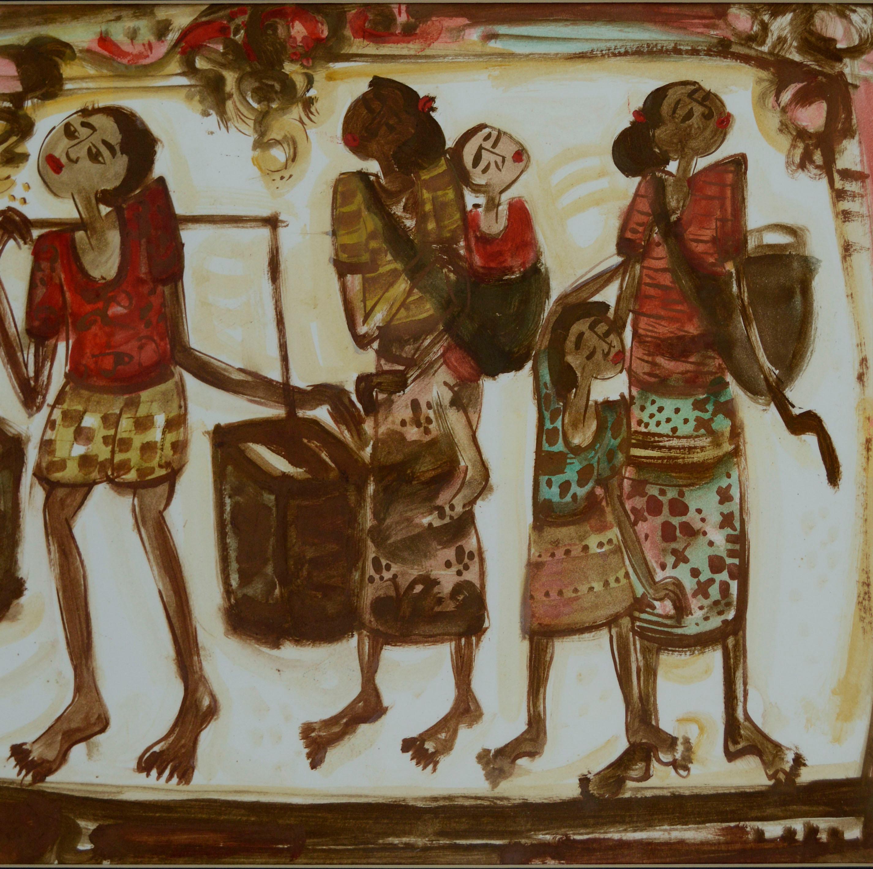 Women Carrying Baskets with Children, Figurative Gouache on Paper  - Folk Art Art by Unknown