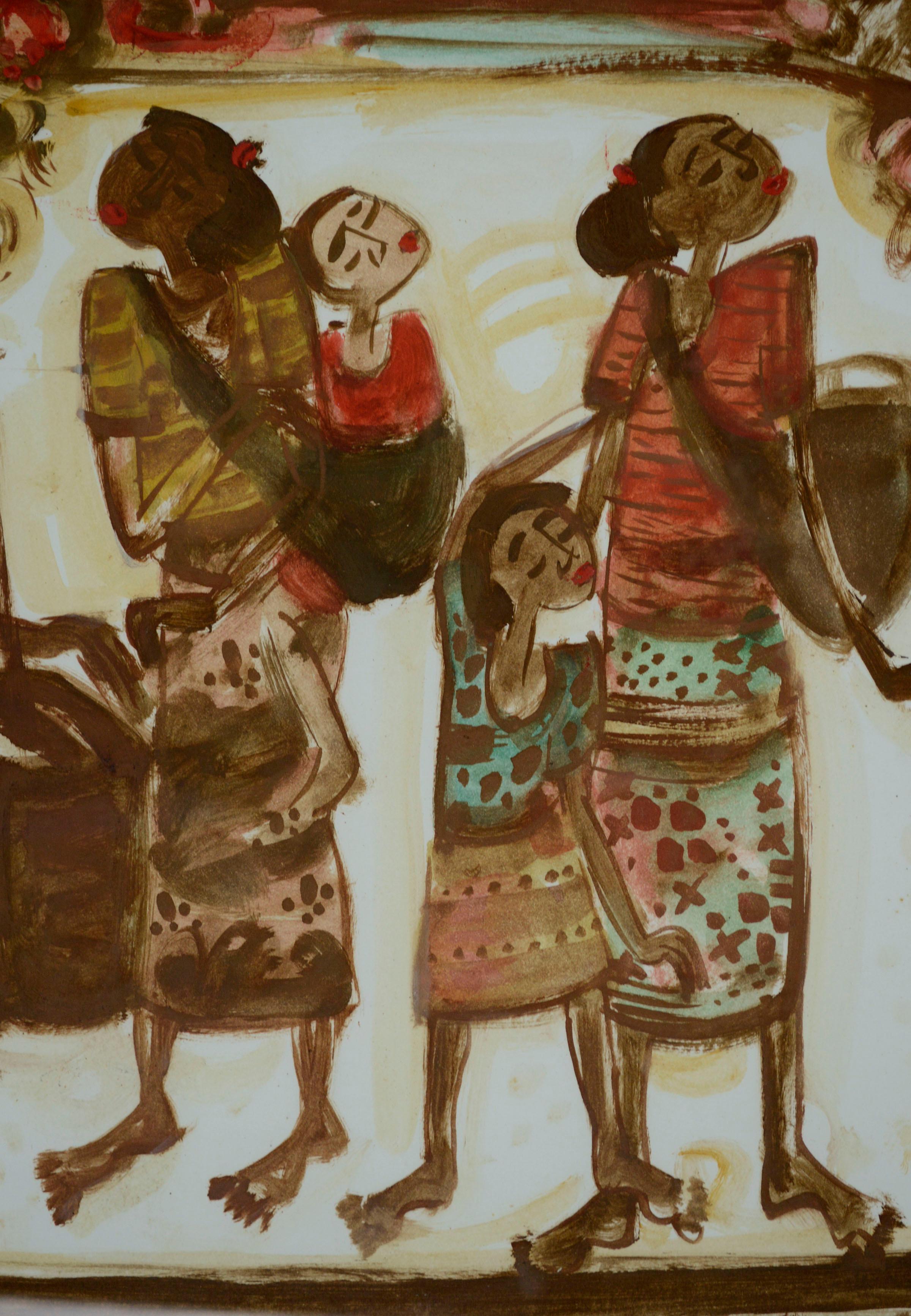 Figurative gouache painting on paper of four barefoot women dressed in tribal patterned garments carrying baskets and children, by an unknown artist (20th Century). Singed and dated indistinctly lower left corner. Displayed in a giltwood frame with
